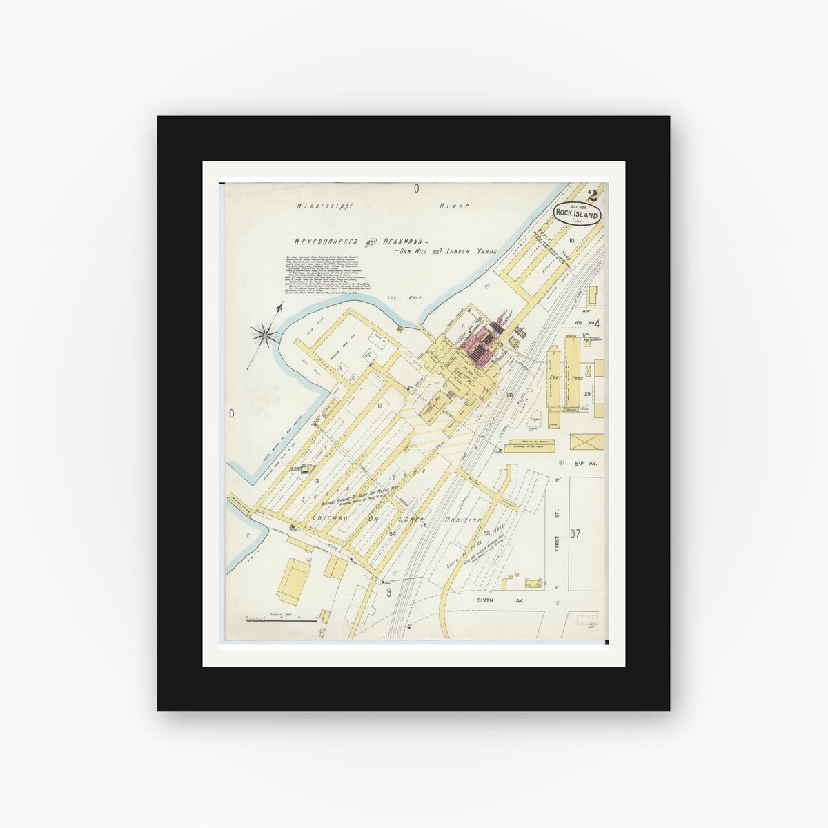 Old map wall art mockup — black gallery frame with white mat — Sanborn Fire Insurance Map from Rock Island, Rock Island County, Illinois (1898), Sheet #0002