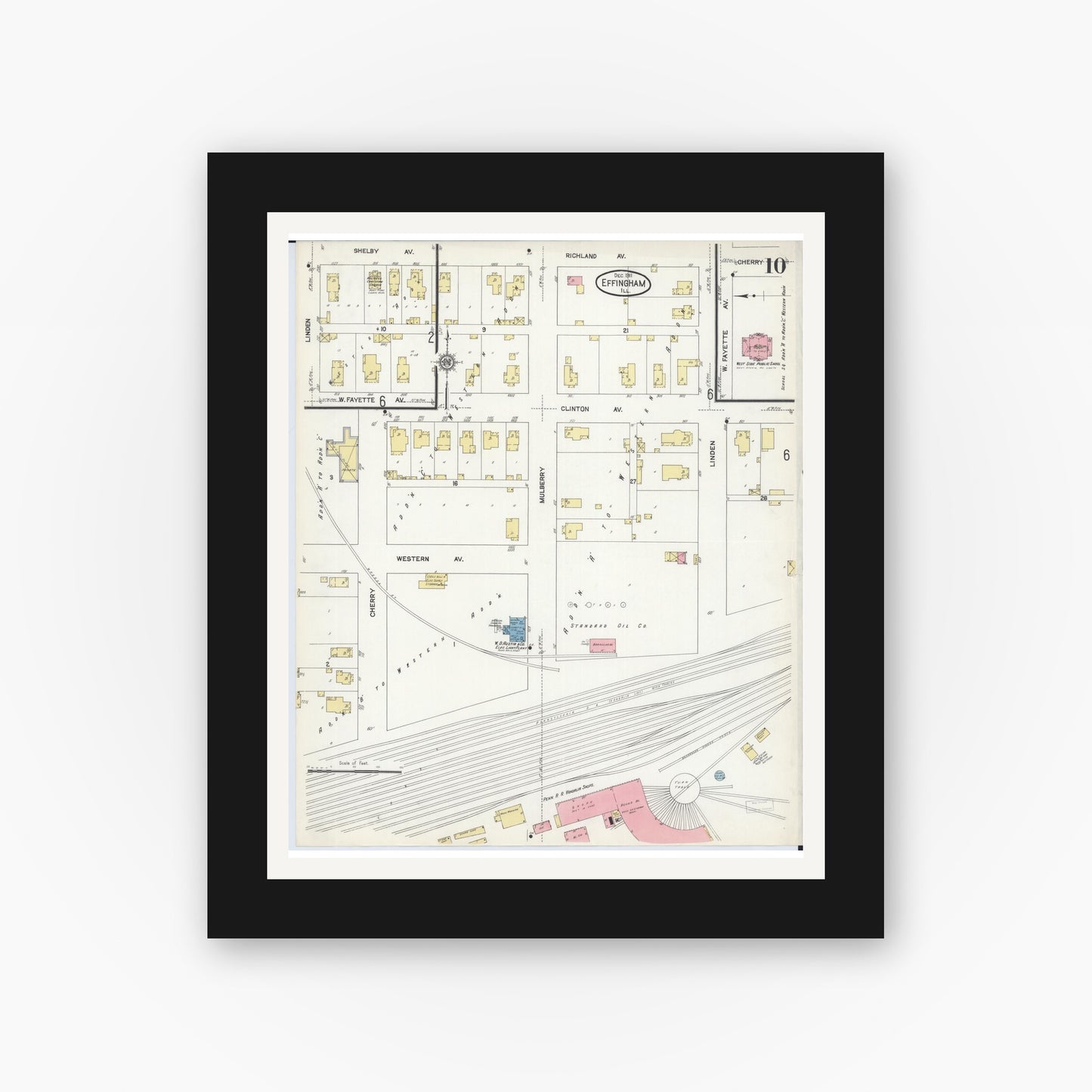 Old map wall art mockup — black gallery frame with white mat — Sanborn Fire Insurance Map from Effingham, Effingham County, Illinois (1911), Sheet #0010