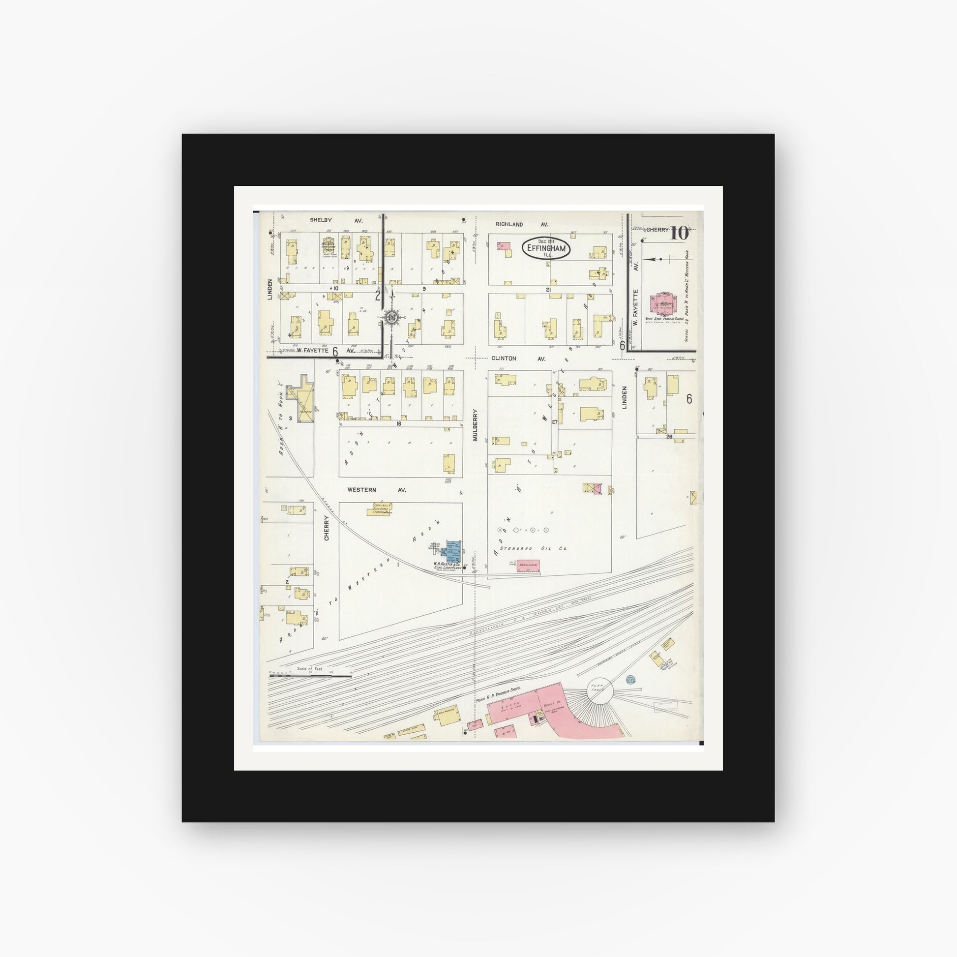 Old map wall art mockup — black gallery frame with white mat — Sanborn Fire Insurance Map from Effingham, Effingham County, Illinois (1911), Sheet #0010