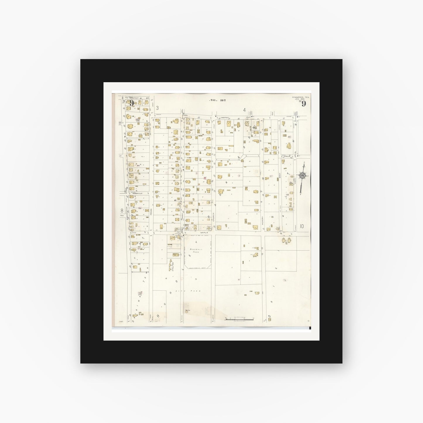 Old map wall art mockup — black gallery frame with white mat — Sanborn Fire Insurance Map from Commerce, Hunt County, Texas (1940), Sheet #0009