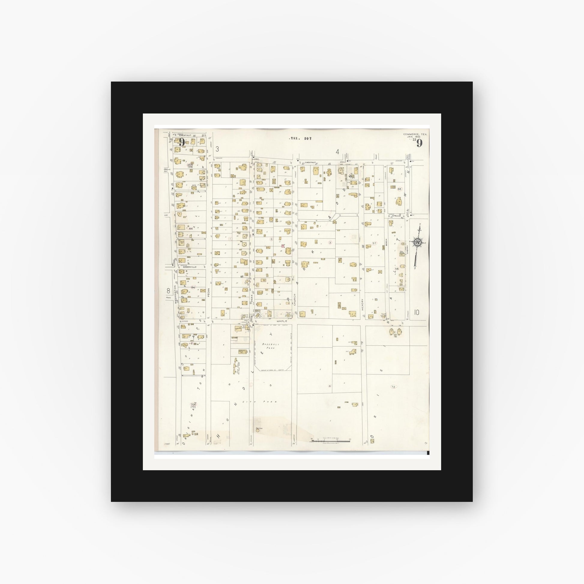 Old map wall art mockup — black gallery frame with white mat — Sanborn Fire Insurance Map from Commerce, Hunt County, Texas (1940), Sheet #0009