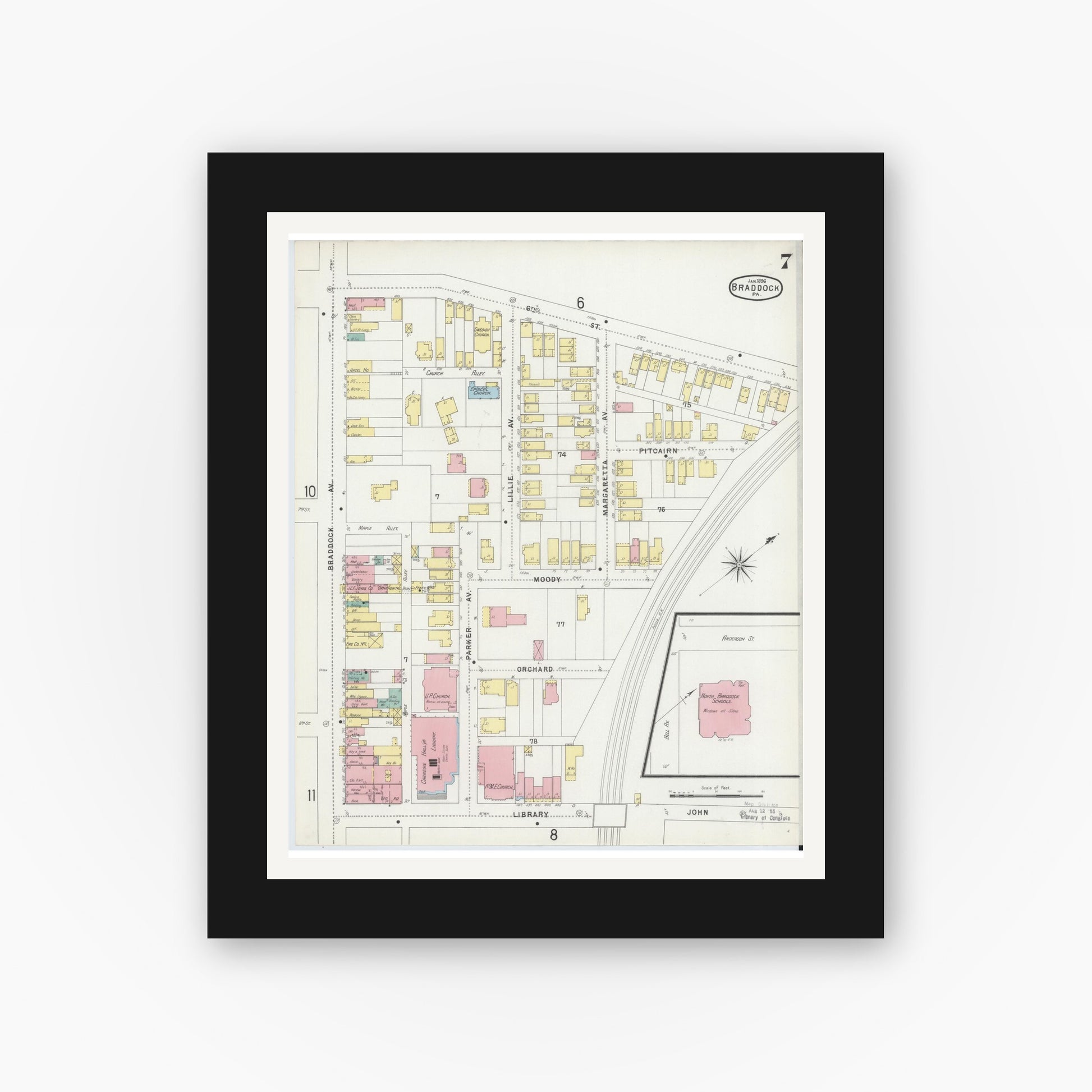 Old map wall art mockup — black gallery frame with white mat — Sanborn Fire Insurance Map from Braddock, Allegheny County, Pennsylvania (1896), Sheet #0007