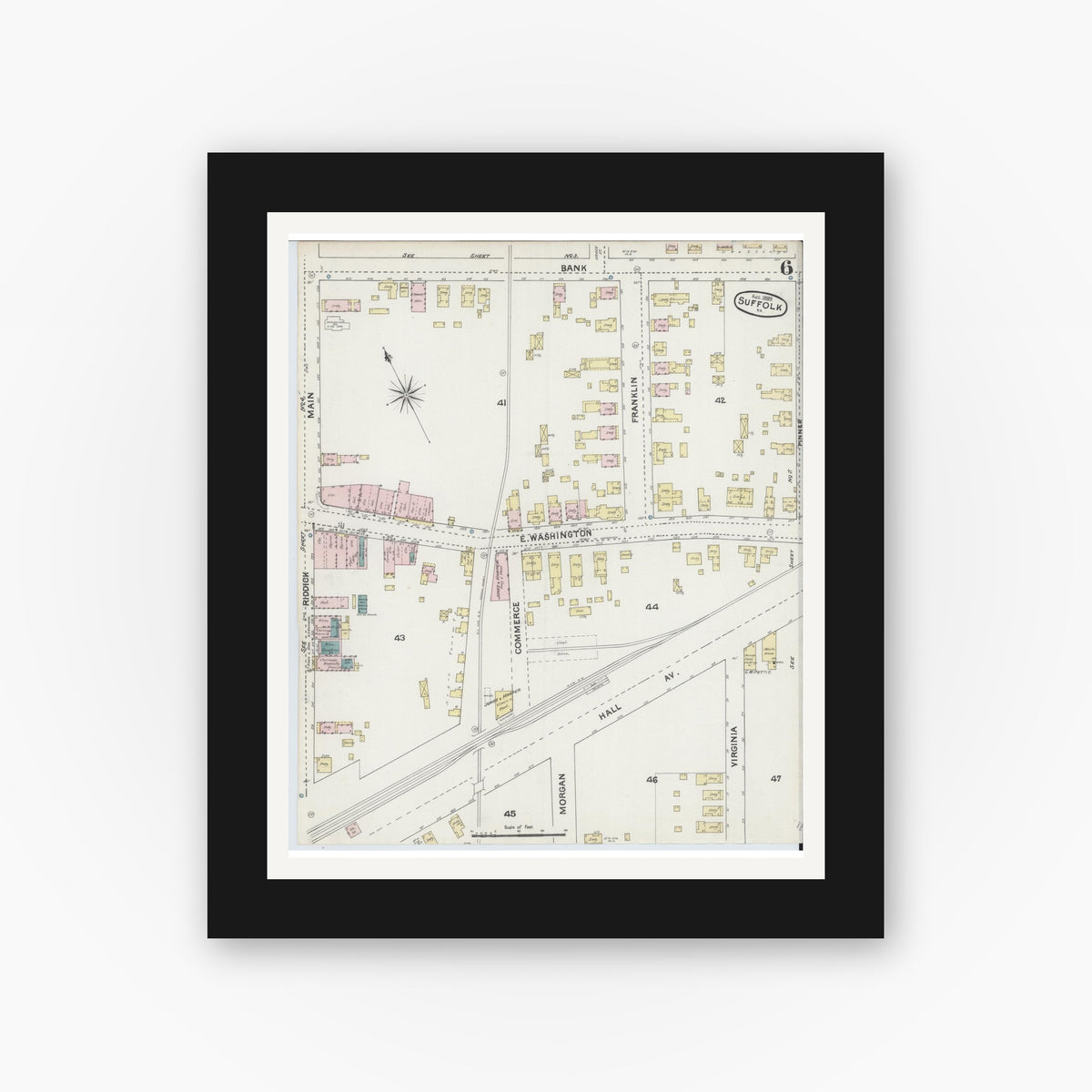 Old map wall art mockup — black gallery frame with white mat — Sanborn Fire Insurance Map from Suffolk, Independent Cities, Virginia (1889), Sheet #0006