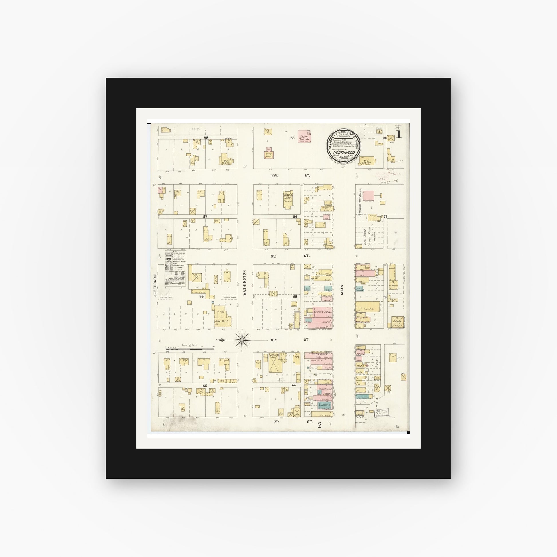 Old map wall art mockup — black gallery frame with white mat — Sanborn Fire Insurance Map from Northwood, Worth County, Iowa (1896) â€” Complete Set