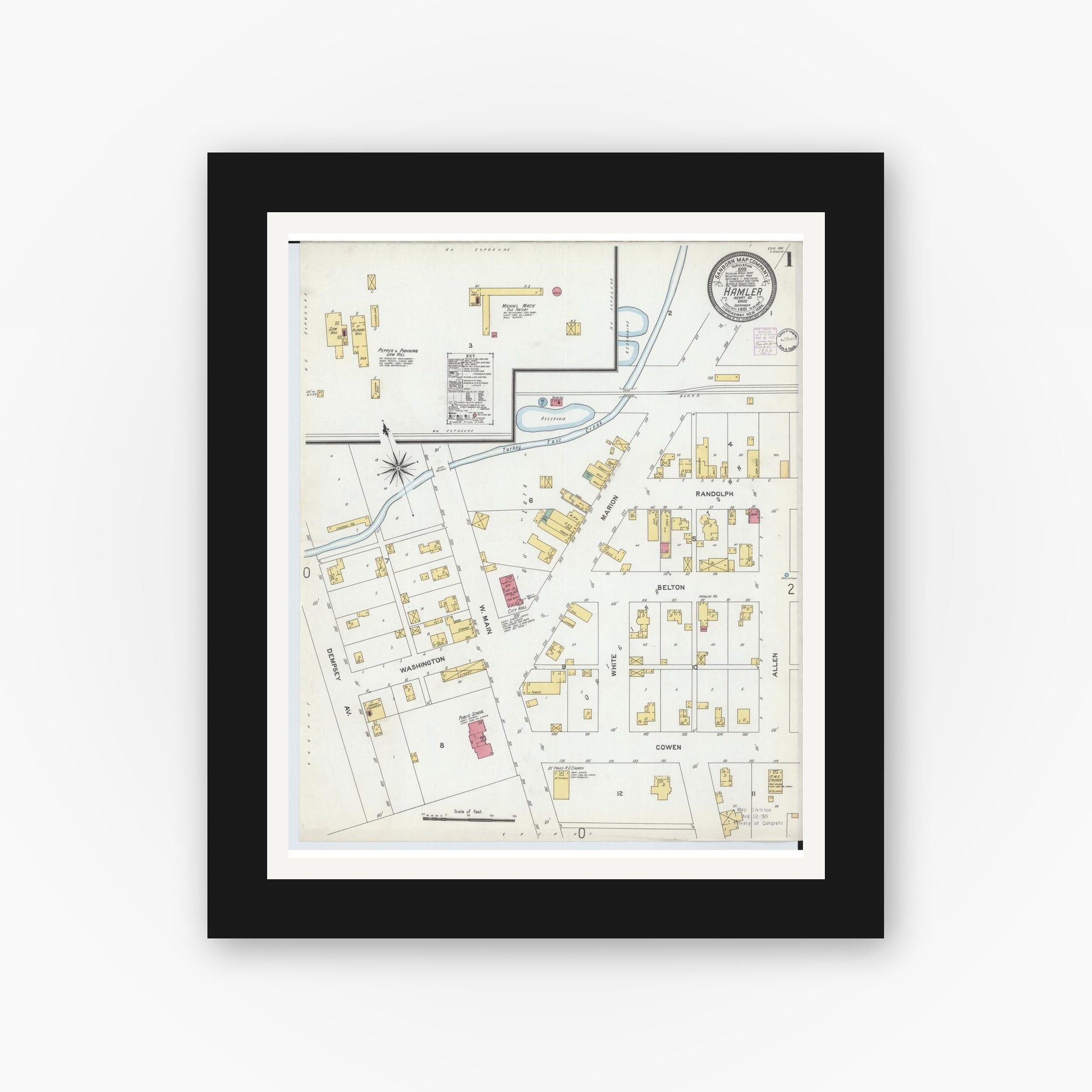 Old map wall art mockup — black gallery frame with white mat — Sanborn Fire Insurance Map from Hamler, Henry County, Ohio (1901), Sheet #0001