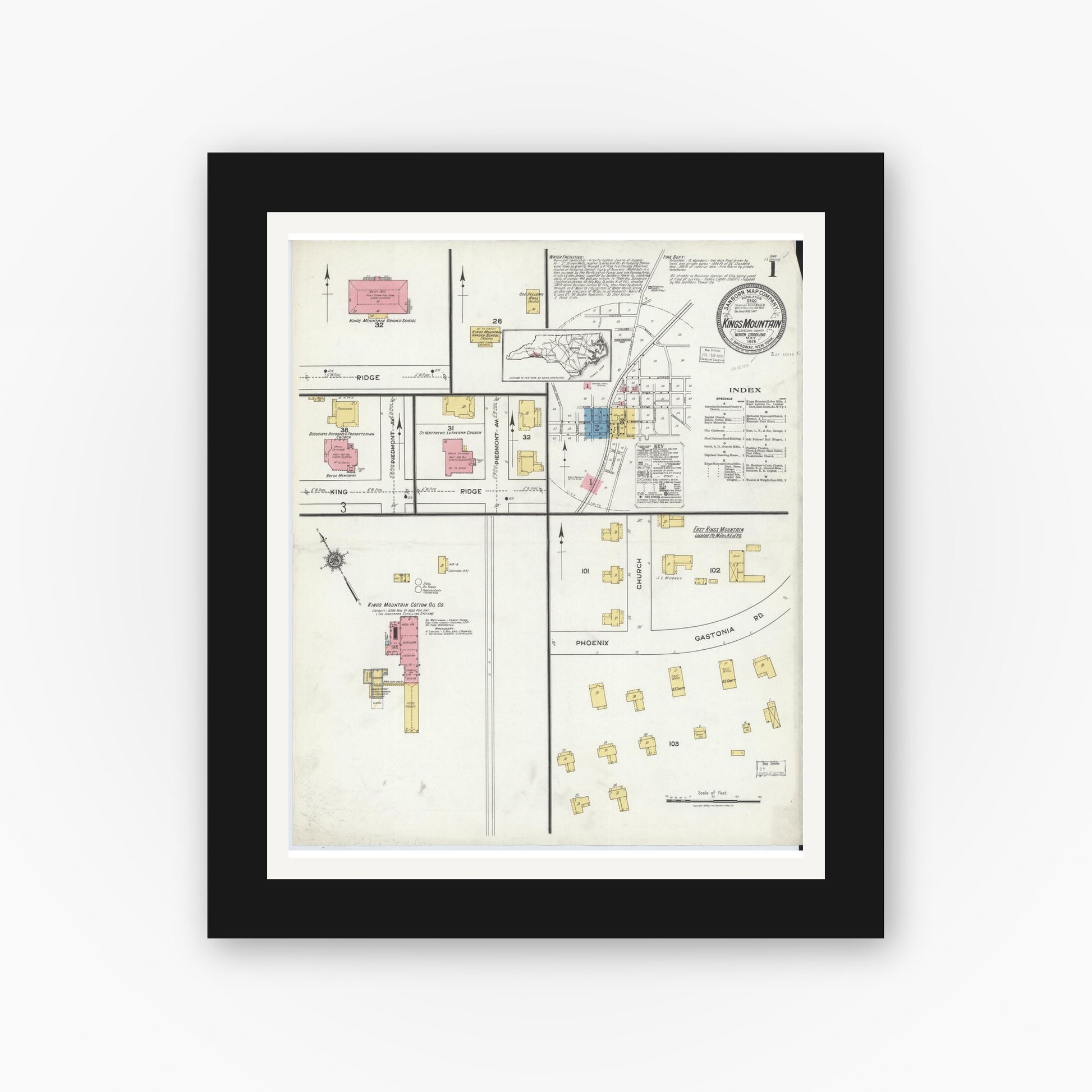 Old map wall art mockup — black gallery frame with white mat — Sanborn Fire Insurance Map from Kings Mountain, Cleveland County, North Carolina (1919) - Complete Map Set