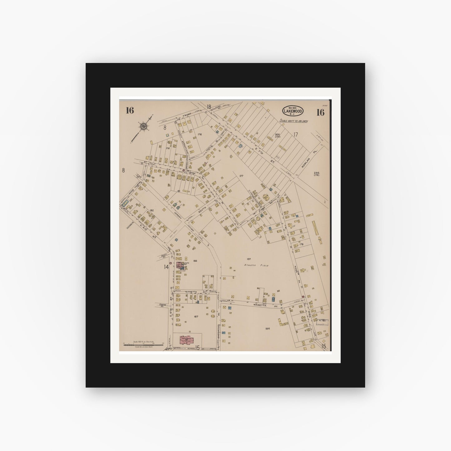 Old map wall art mockup — black gallery frame with white mat — Sanborn Fire Insurance Map from Lakewood, Ocean County, New Jersey (1922), Sheet #0016