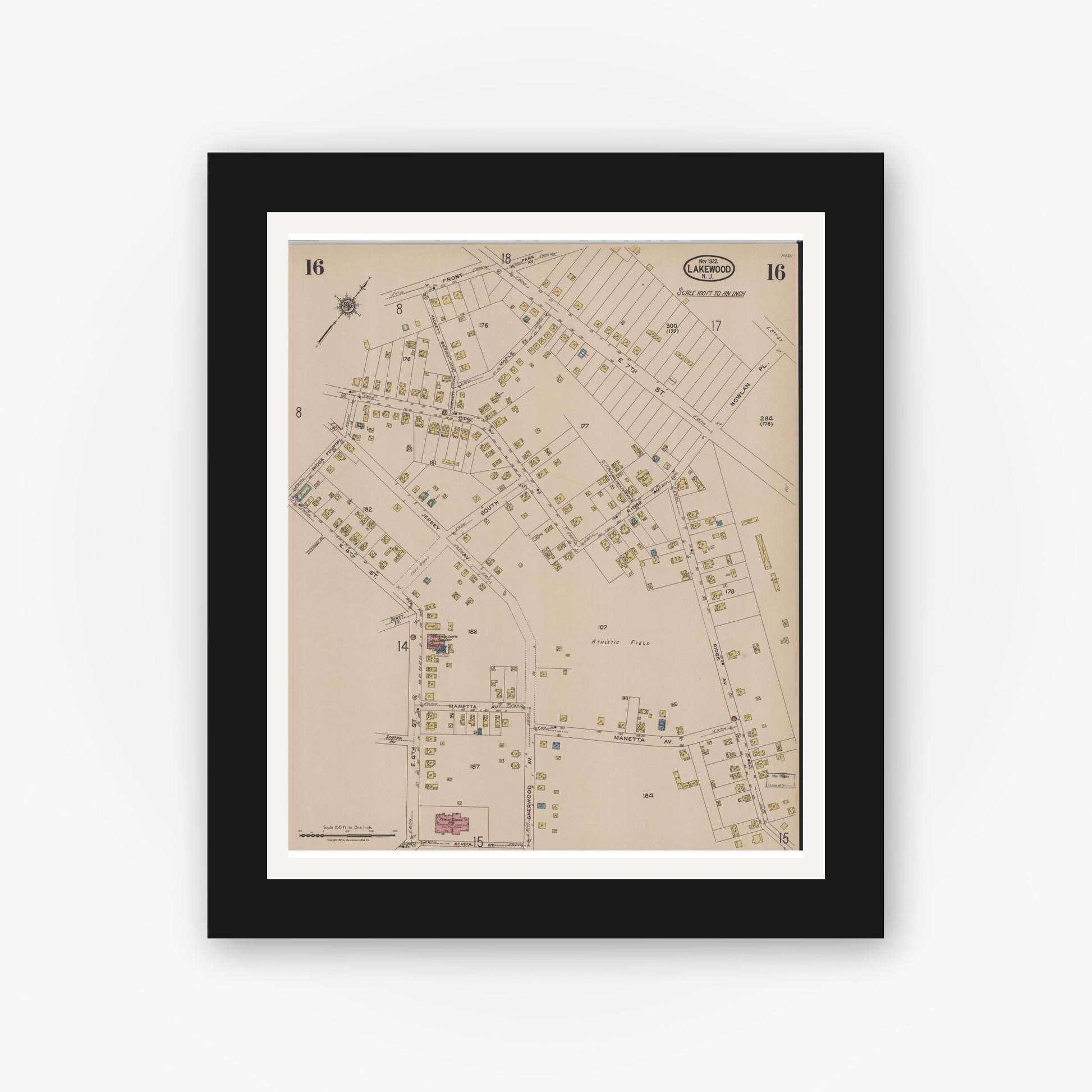 Old map wall art mockup — black gallery frame with white mat — Sanborn Fire Insurance Map from Lakewood, Ocean County, New Jersey (1922), Sheet #0016