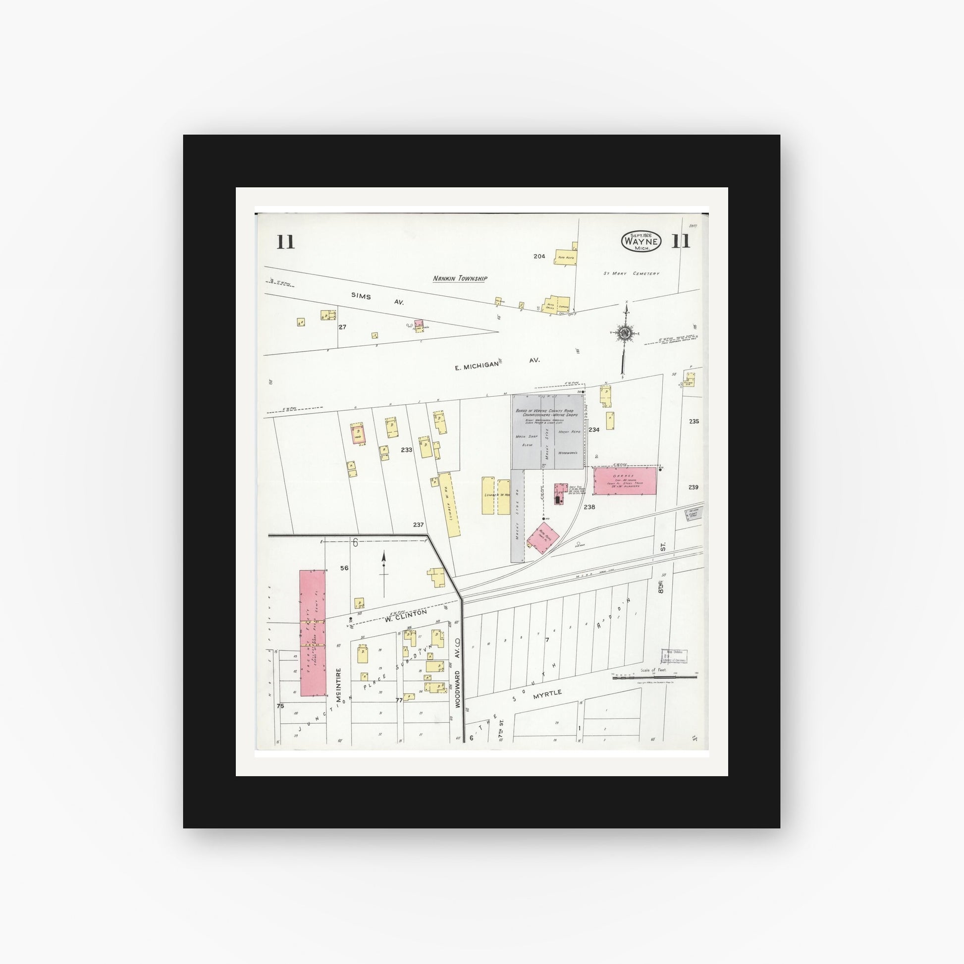 Old map wall art mockup — black gallery frame with white mat — Sanborn Fire Insurance Map from Wayne, Wayne County, Michigan (1926), Sheet #0011