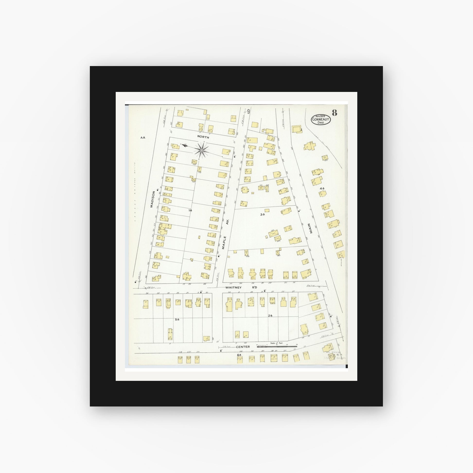 Old map wall art mockup — black gallery frame with white mat — Sanborn Fire Insurance Map from Conneaut, Ashtabula County, Ohio (1909), Sheet #0008