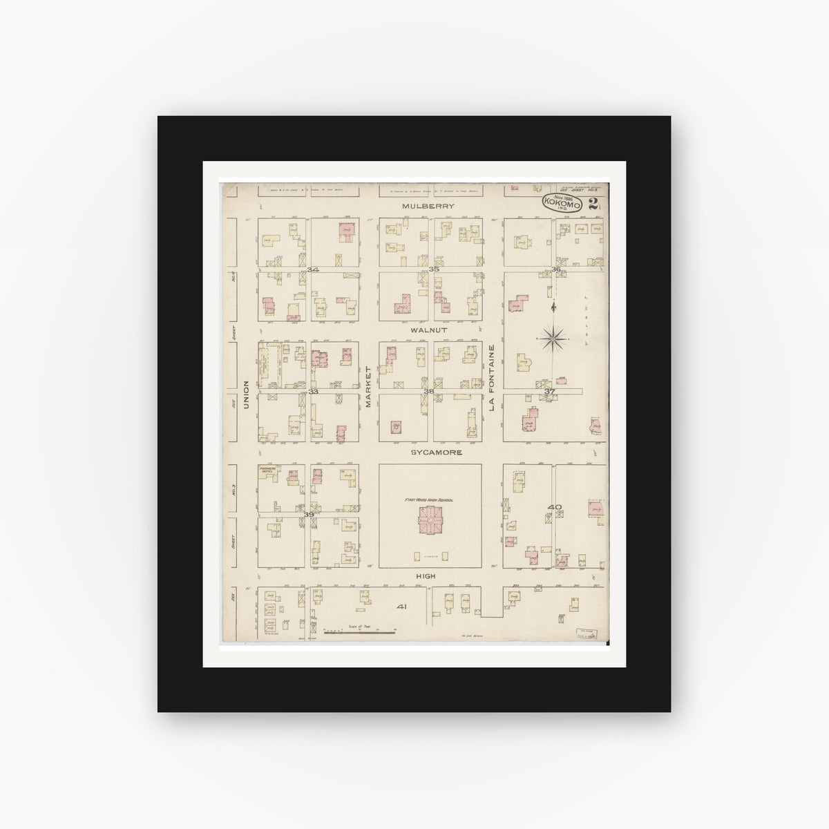 Old map wall art mockup — black gallery frame with white mat — Sanborn Fire Insurance Map from Kokomo, Howard County, Indiana (1885), Sheet #0002