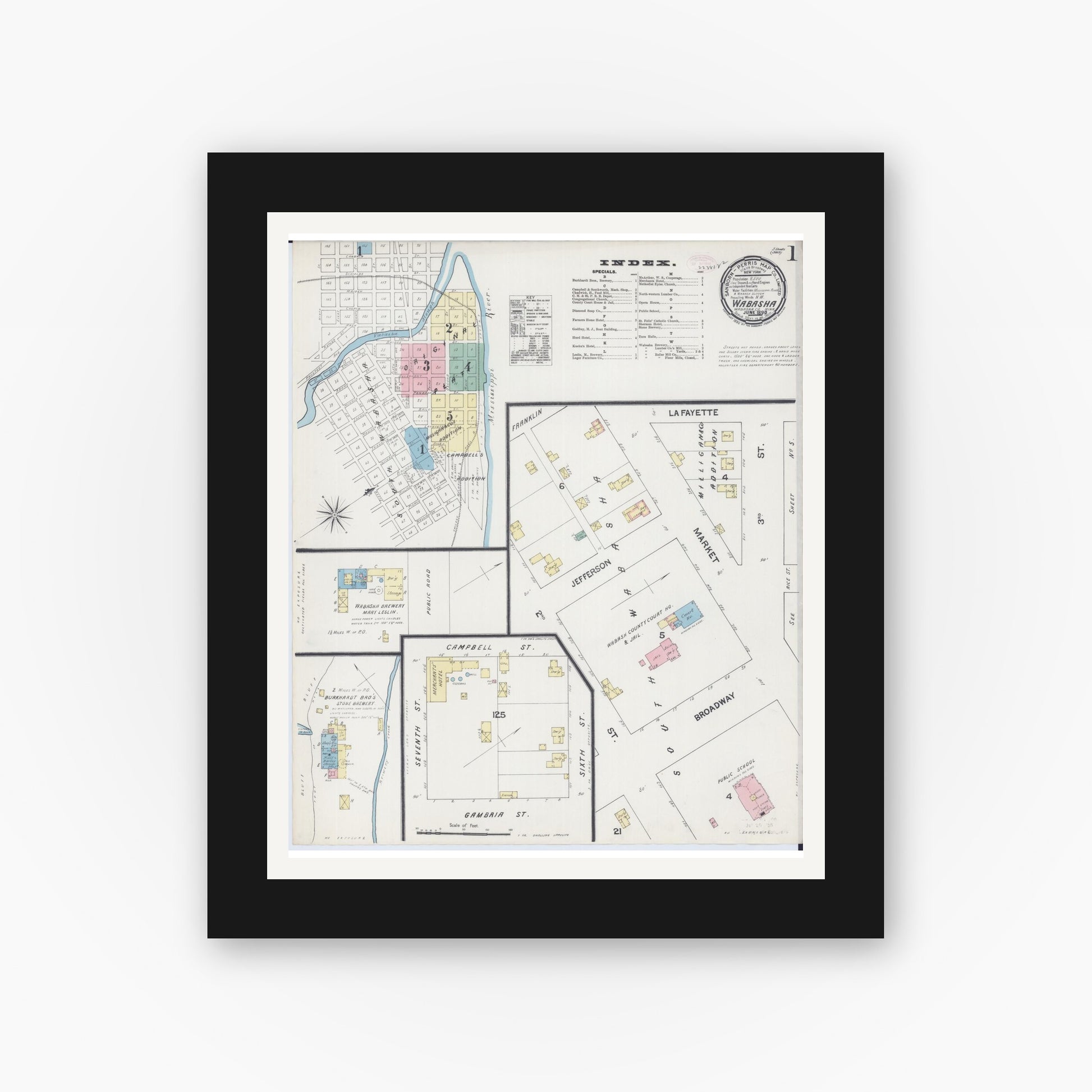 Old map wall art mockup — black gallery frame with white mat — Sanborn Fire Insurance Map from Wabasha, Wabasha County, Minnesota (1890) - Complete Map Set