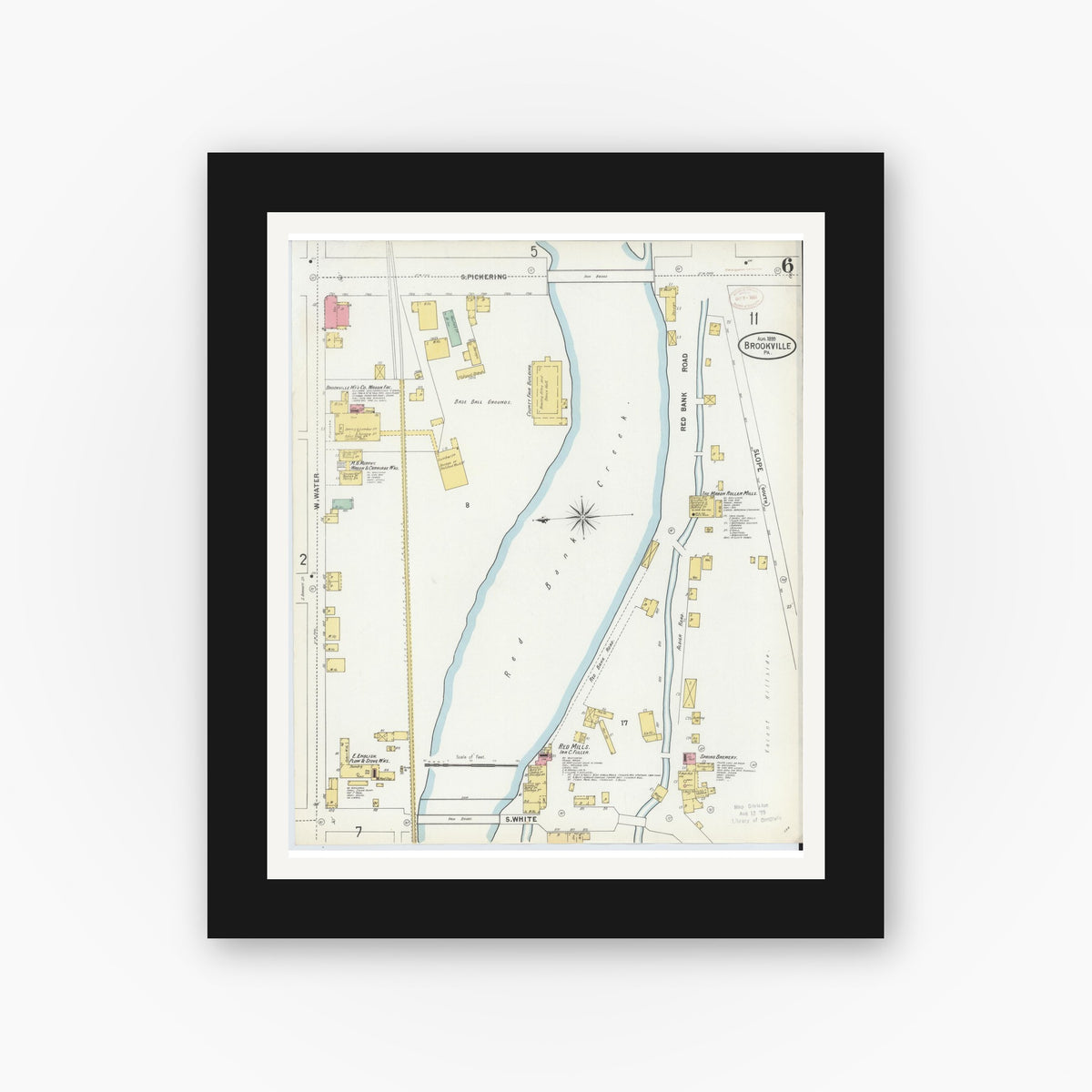 Old map wall art mockup — black gallery frame with white mat — Sanborn Fire Insurance Map from Brookville, Jefferson County, Pennsylvania (1899), Sheet #0006
