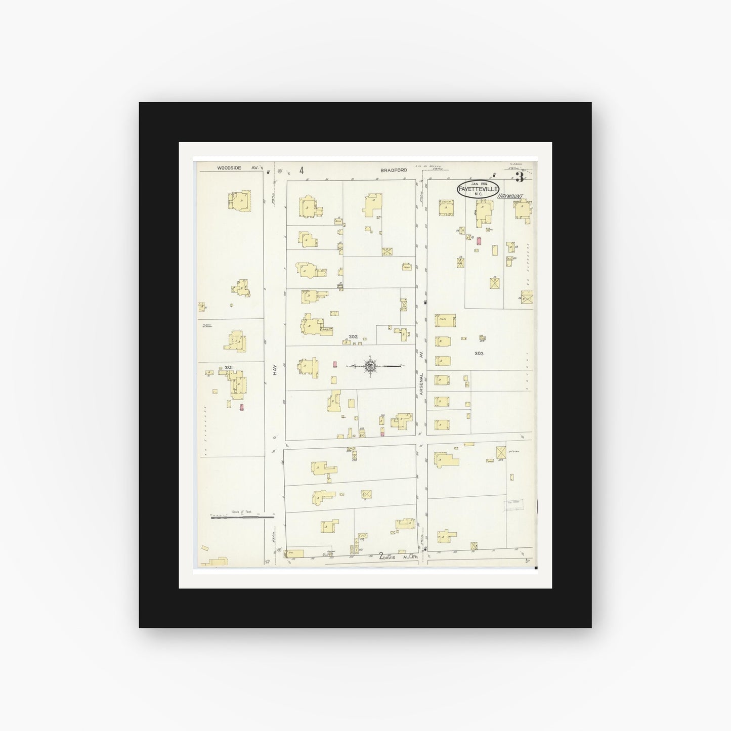 Old map wall art mockup — black gallery frame with white mat — Sanborn Fire Insurance Map from Fayetteville, Cumberland County, North Carolina (1914), Sheet #0003