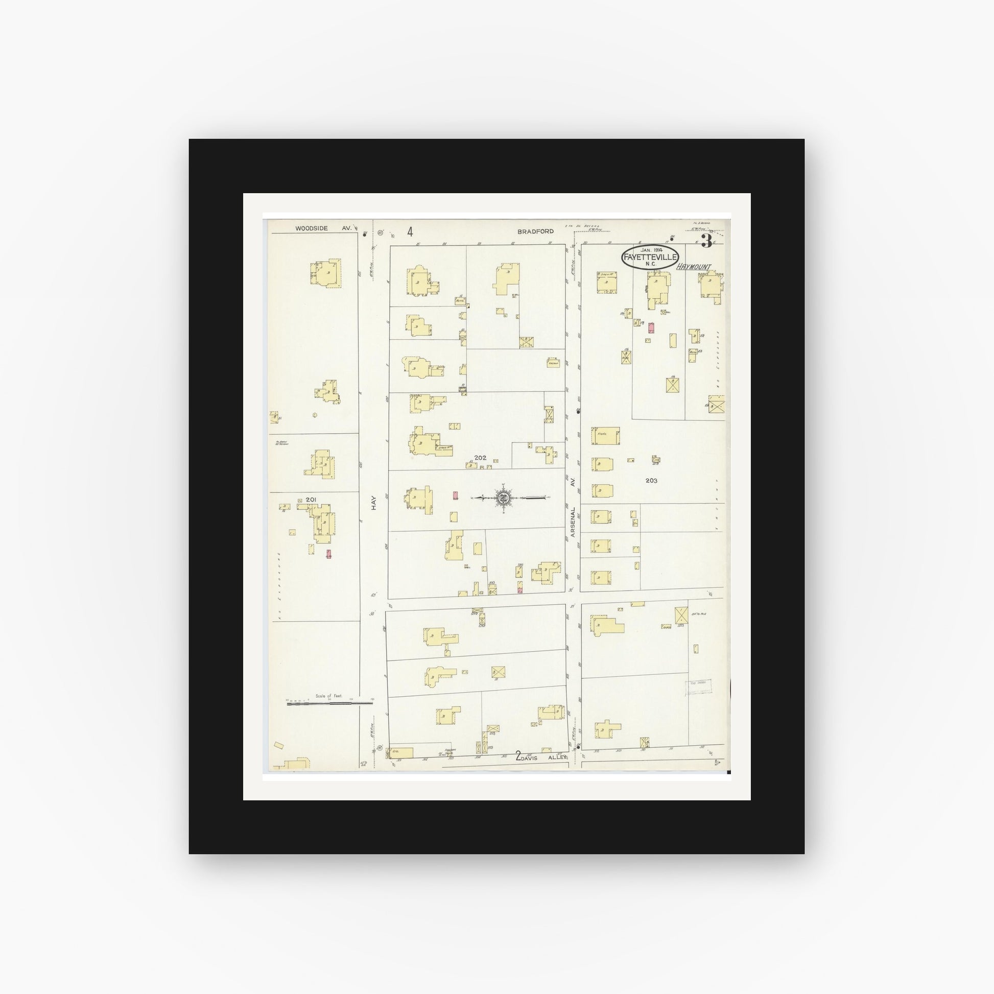Old map wall art mockup — black gallery frame with white mat — Sanborn Fire Insurance Map from Fayetteville, Cumberland County, North Carolina (1914), Sheet #0003