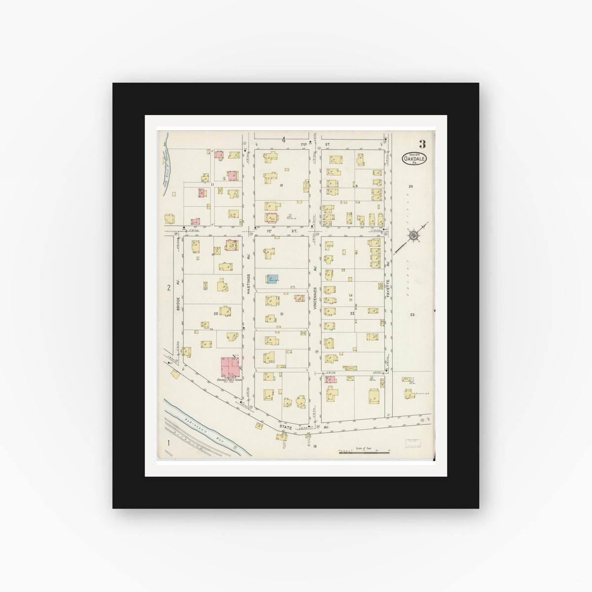 Old map wall art mockup — black gallery frame with white mat — Sanborn Fire Insurance Map from Oakdale, Allegheny County, Pennsylvania (1915), Sheet #0003