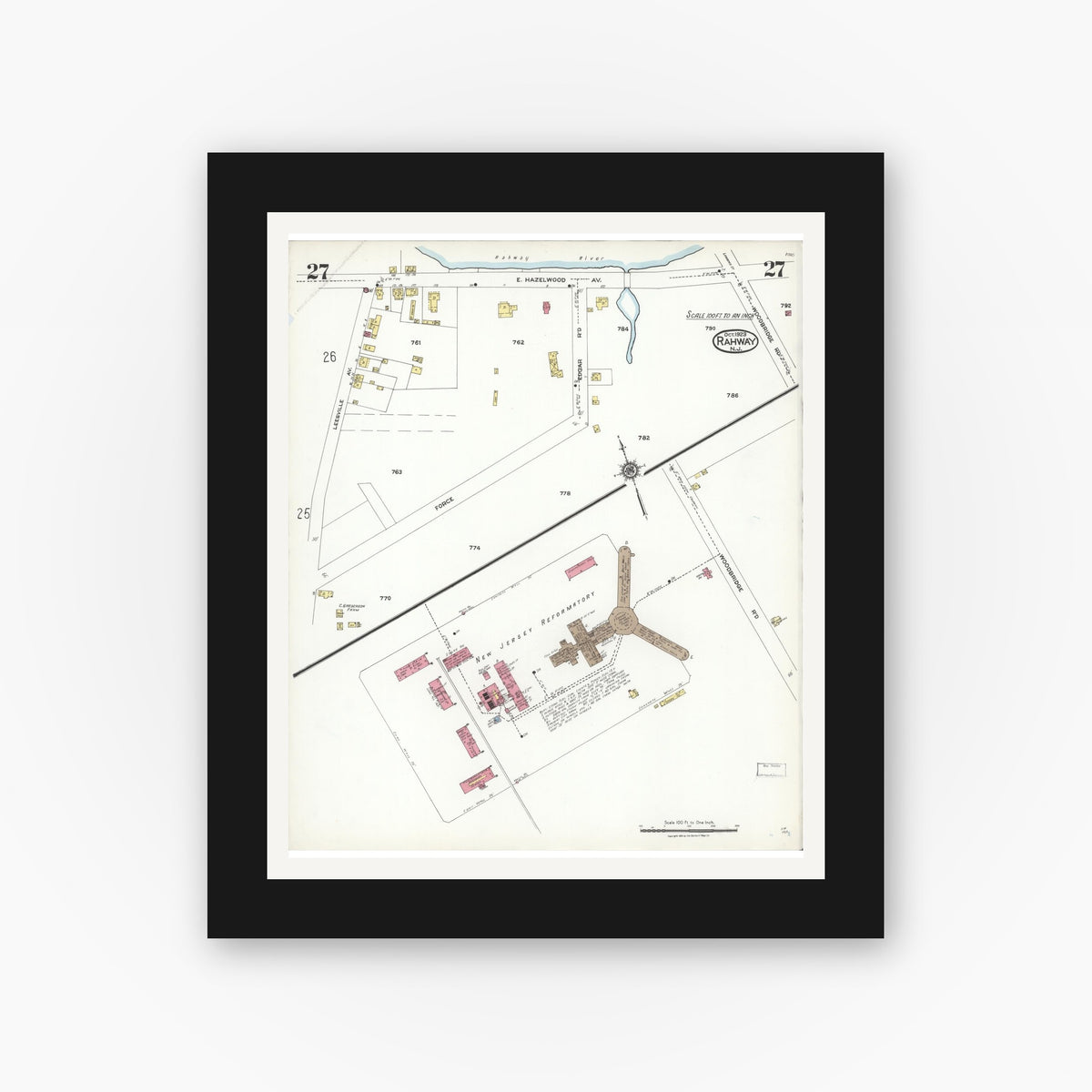 Old map wall art mockup — black gallery frame with white mat — Sanborn Fire Insurance Map from Rahway, Union County, New Jersey (1923), Sheet #0027