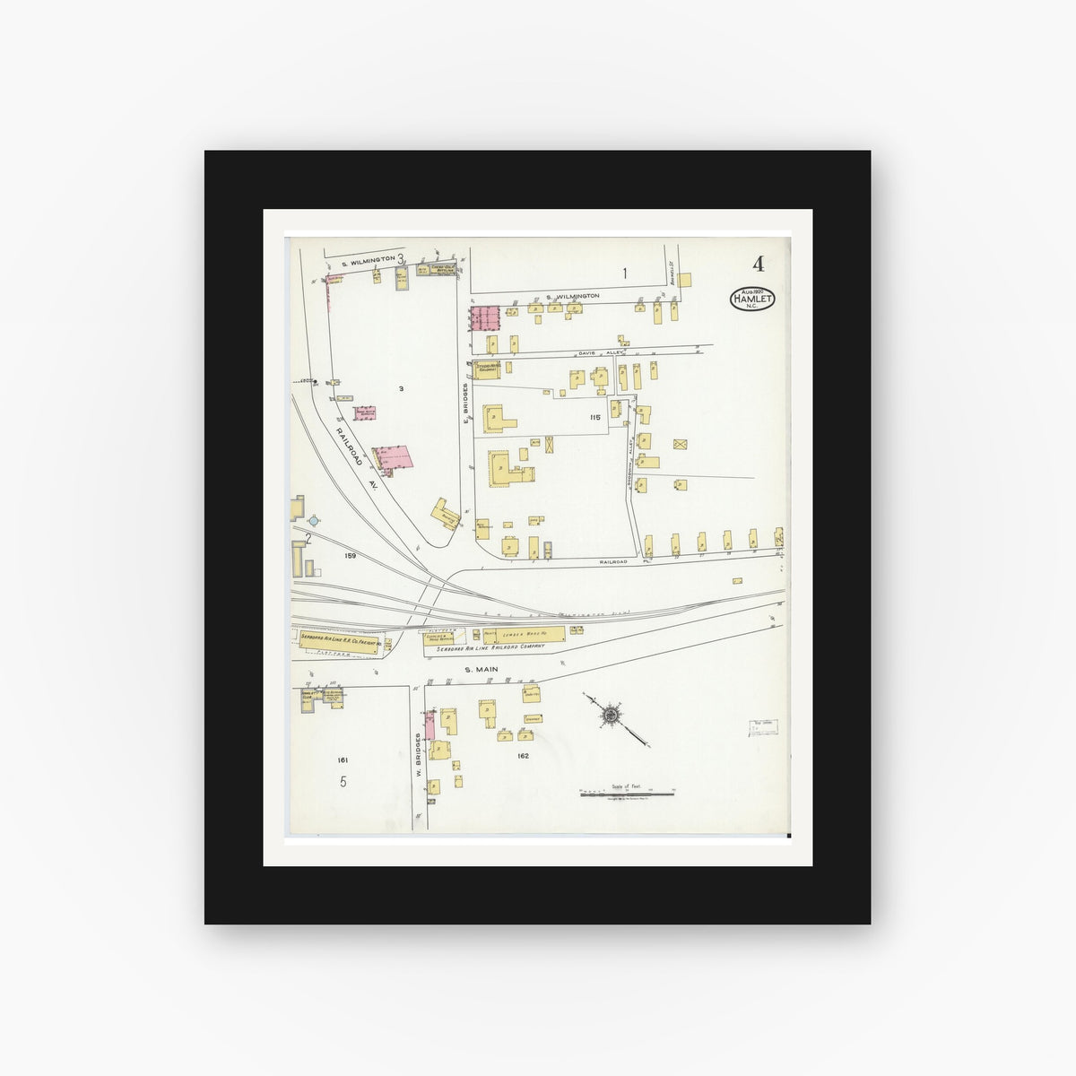 Old map wall art mockup — black gallery frame with white mat — Sanborn Fire Insurance Map from Hamlet, Richmond County, North Carolina (1920), Sheet #0004