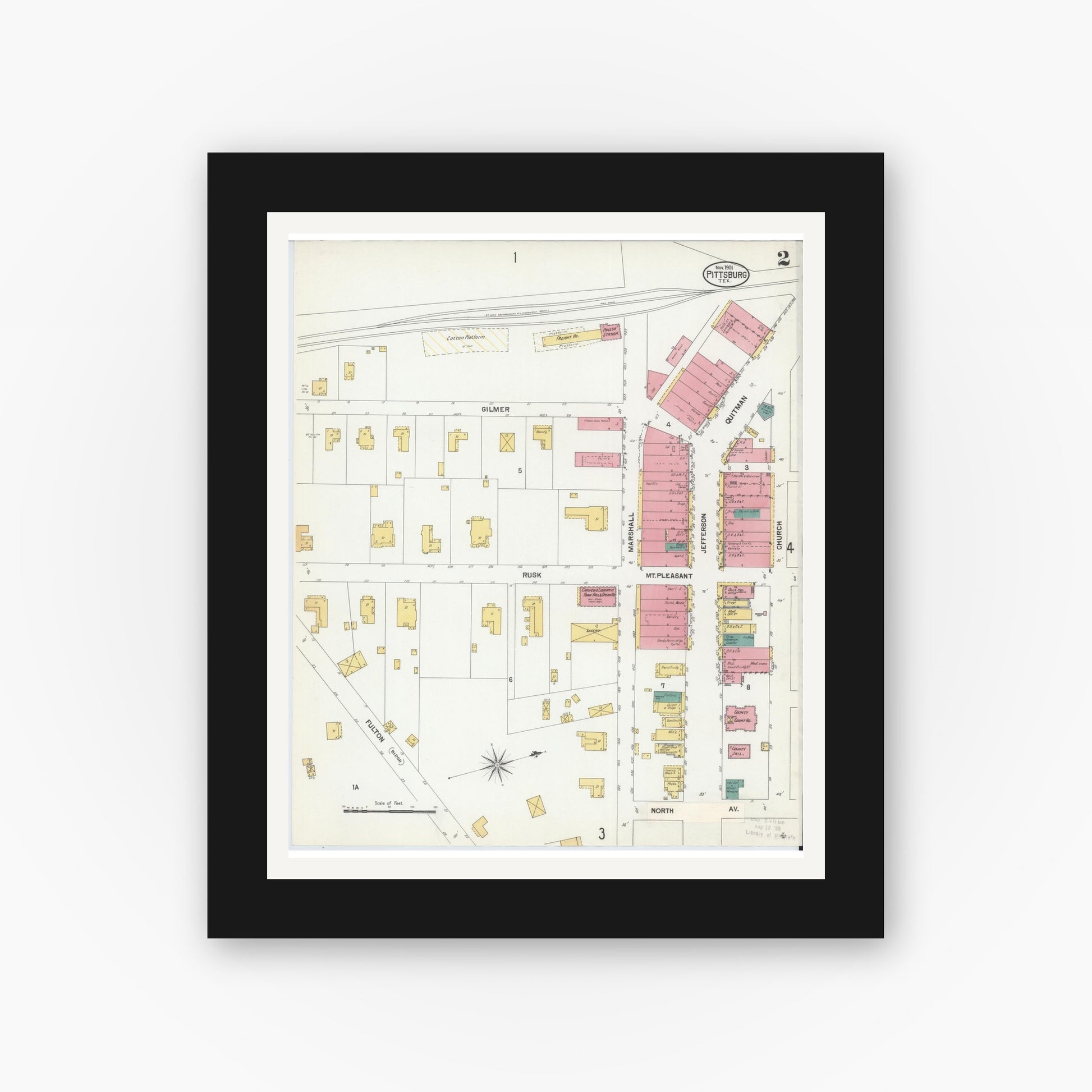 Old map wall art mockup — black gallery frame with white mat — Sanborn Fire Insurance Map from Pittsburg, Camp County, Texas (1901), Sheet #0002