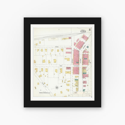 Old map wall art mockup — black gallery frame with white mat — Sanborn Fire Insurance Map from Pittsburg, Camp County, Texas (1901), Sheet #0002