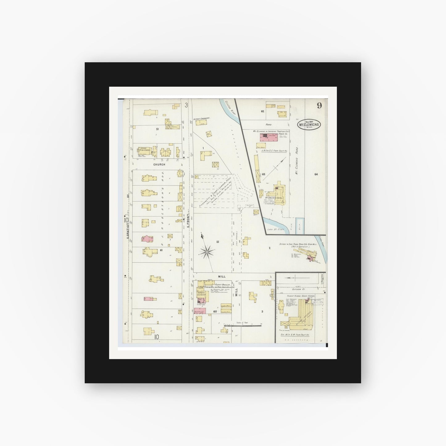 Old map wall art mockup — black gallery frame with white mat — Sanborn Fire Insurance Map from Mount Clemens, Macomb County, Michigan (1897), Sheet #0009
