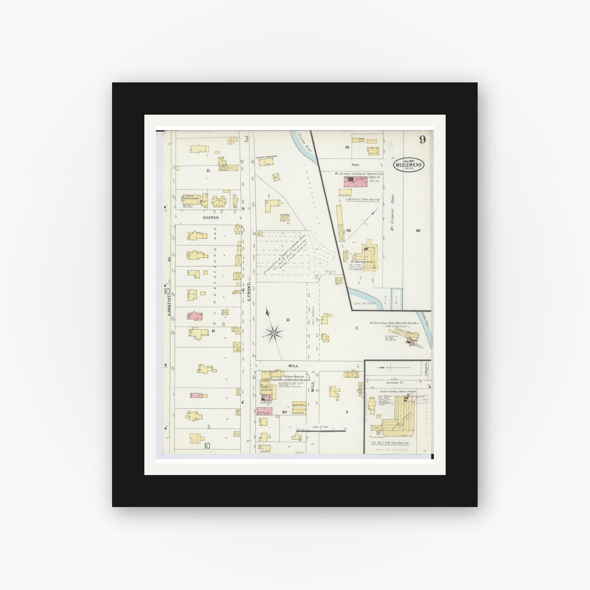 Old map wall art mockup — black gallery frame with white mat — Sanborn Fire Insurance Map from Mount Clemens, Macomb County, Michigan (1897), Sheet #0009