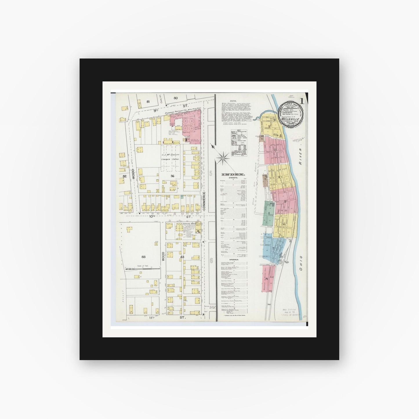 Old map wall art mockup — black gallery frame with white mat — Sanborn Fire Insurance Map from Wellsville, Columbiana County, Ohio (1892) - Complete Map Set