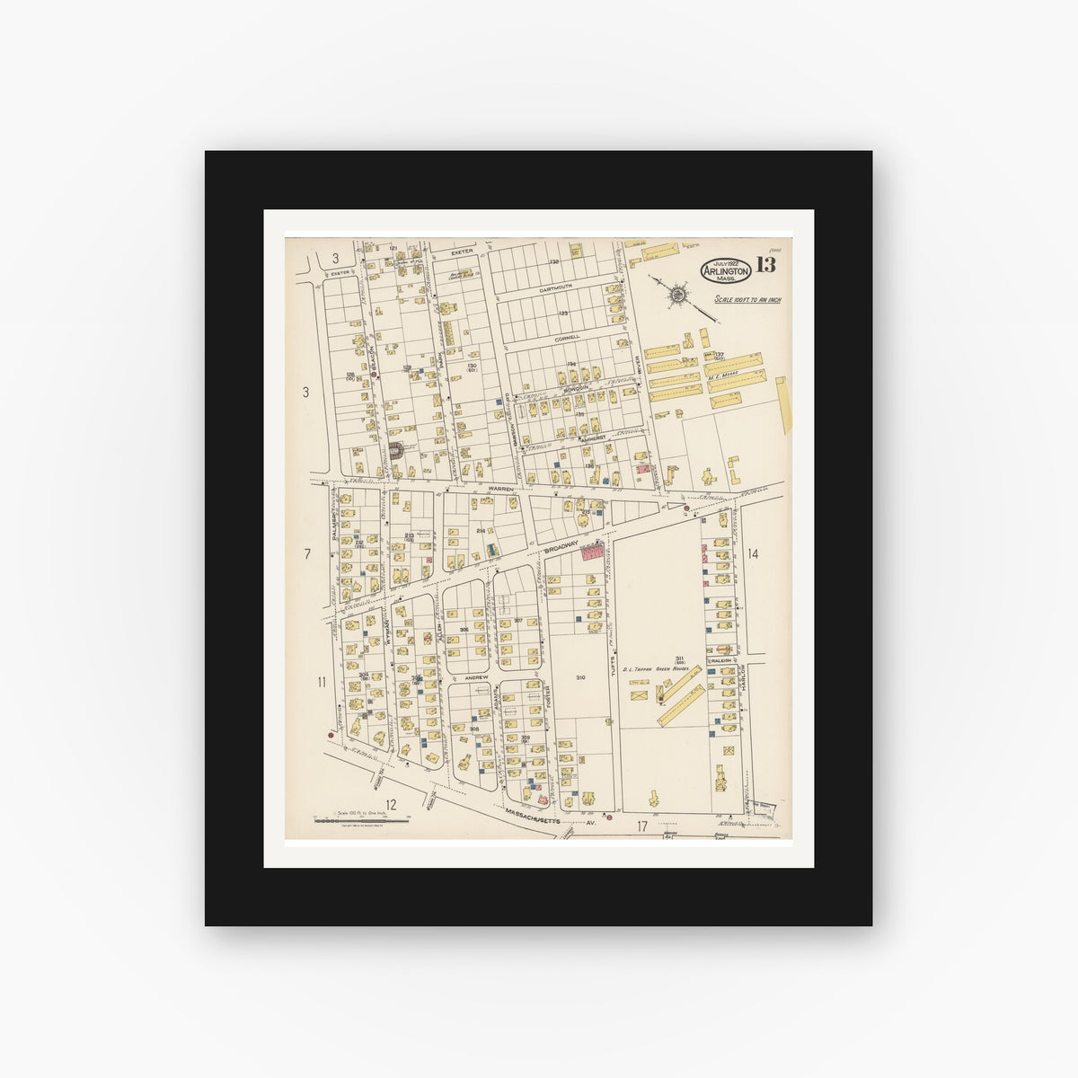 Old map wall art mockup — black gallery frame with white mat — Sanborn Fire Insurance Map from Arlington, Middlesex County, Massachusetts (1922), Sheet #0013