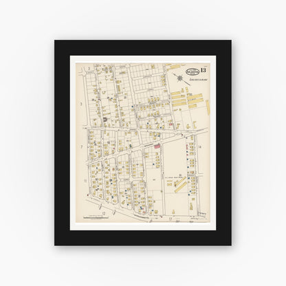 Old map wall art mockup — black gallery frame with white mat — Sanborn Fire Insurance Map from Arlington, Middlesex County, Massachusetts (1922), Sheet #0013