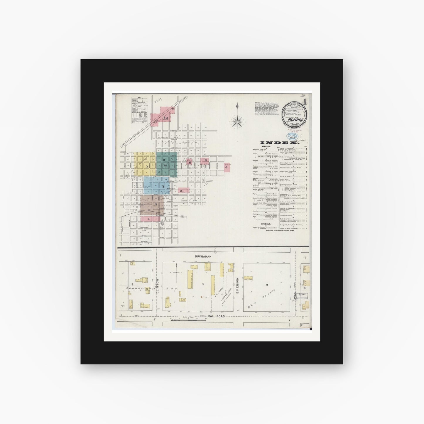 Old map wall art mockup — black gallery frame with white mat — Sanborn Fire Insurance Map from Monroe, Green County, Wisconsin (1894) - Complete Map Set