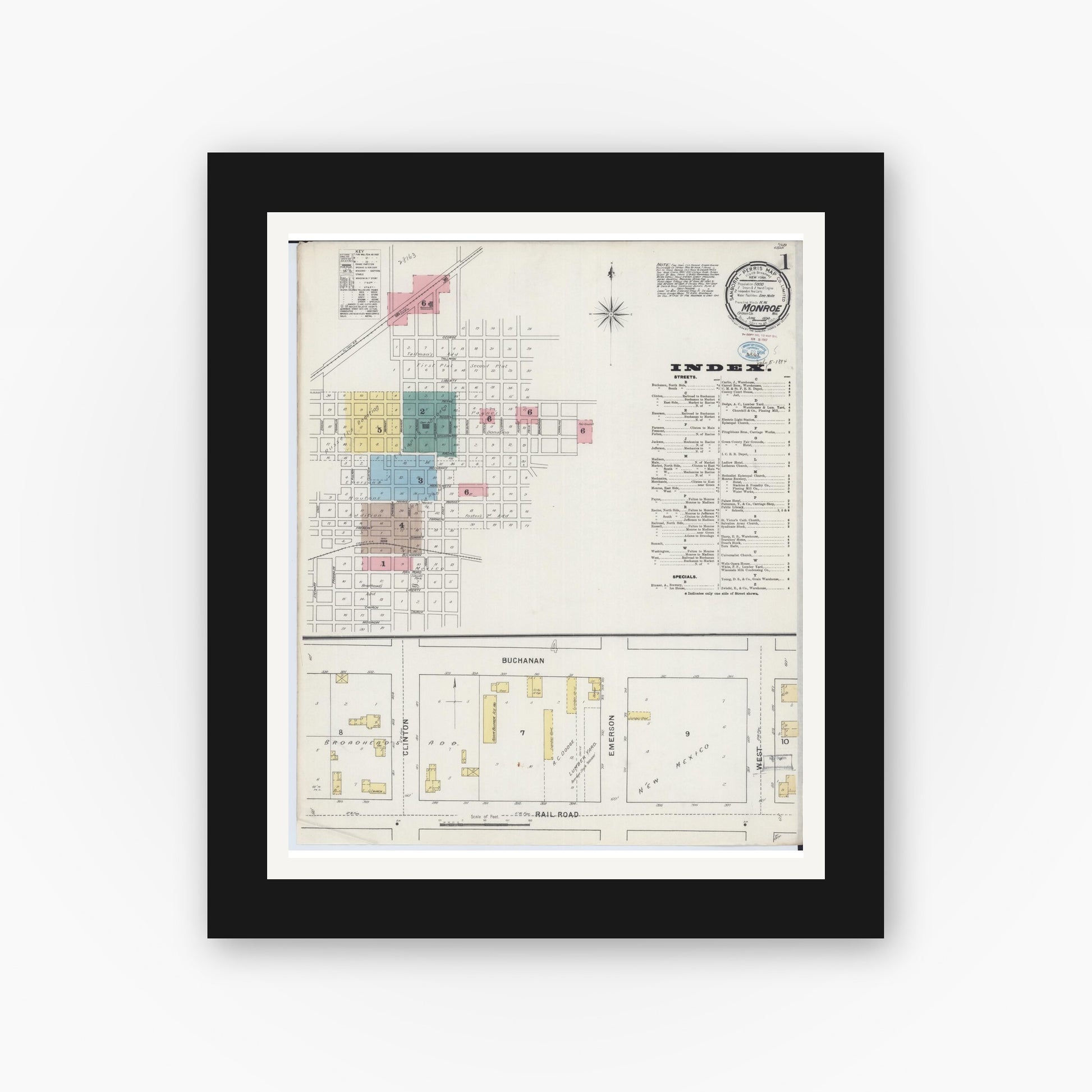 Old map wall art mockup — black gallery frame with white mat — Sanborn Fire Insurance Map from Monroe, Green County, Wisconsin (1894) - Complete Map Set