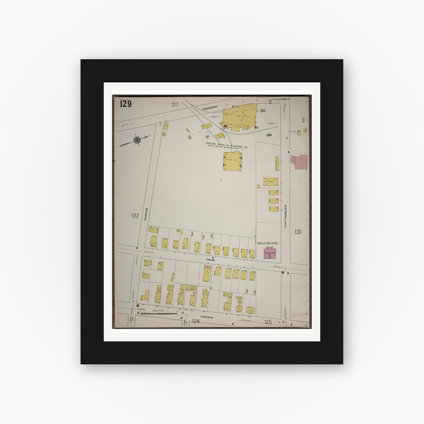 Old map wall art mockup — black gallery frame with white mat — Sanborn Fire Insurance Map from Worcester, Worcester County, Massachusetts (1910), Sheet #0129