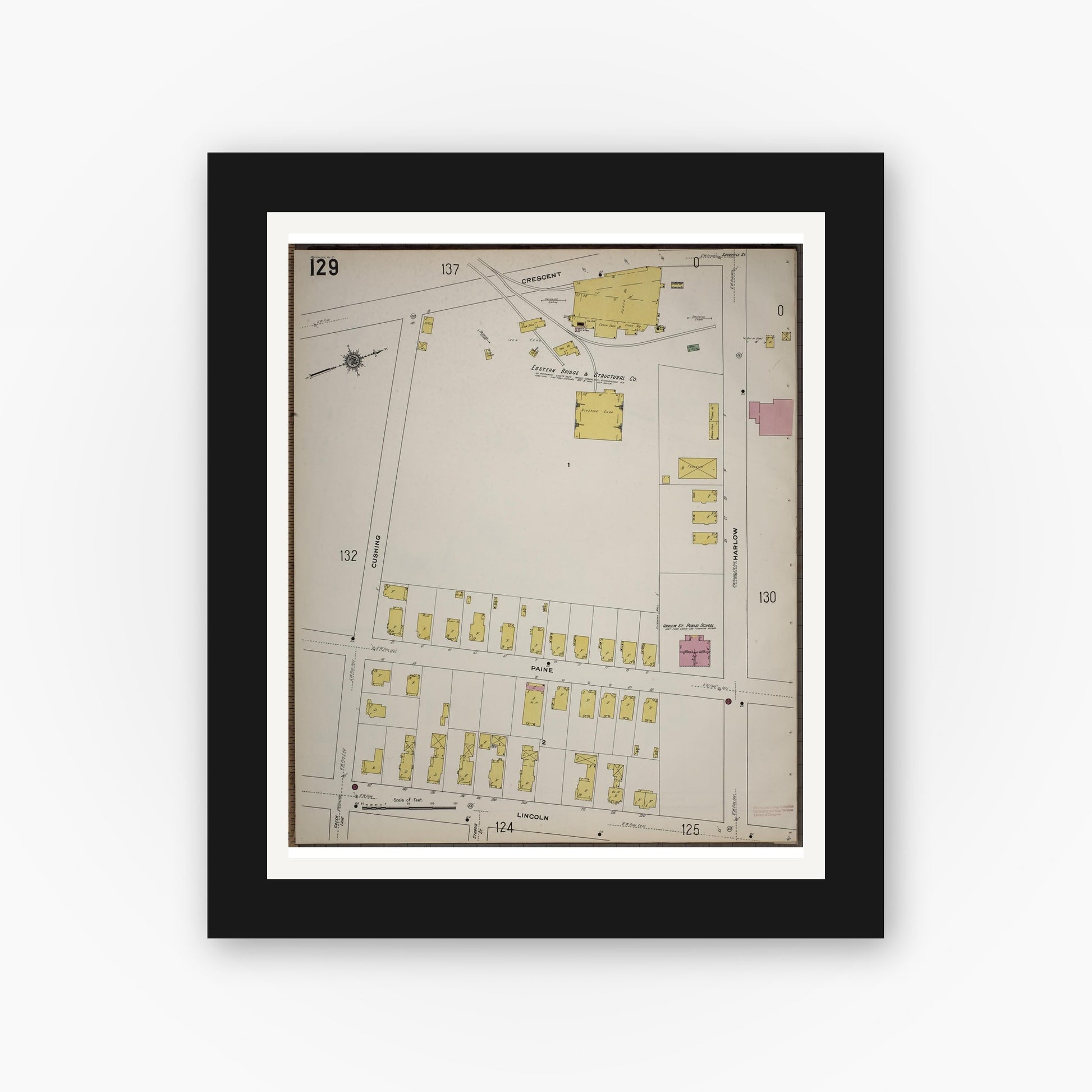 Old map wall art mockup — black gallery frame with white mat — Sanborn Fire Insurance Map from Worcester, Worcester County, Massachusetts (1910), Sheet #0129