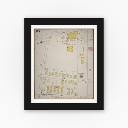 Old map wall art mockup — black gallery frame with white mat — Sanborn Fire Insurance Map from Worcester, Worcester County, Massachusetts (1910), Sheet #0129