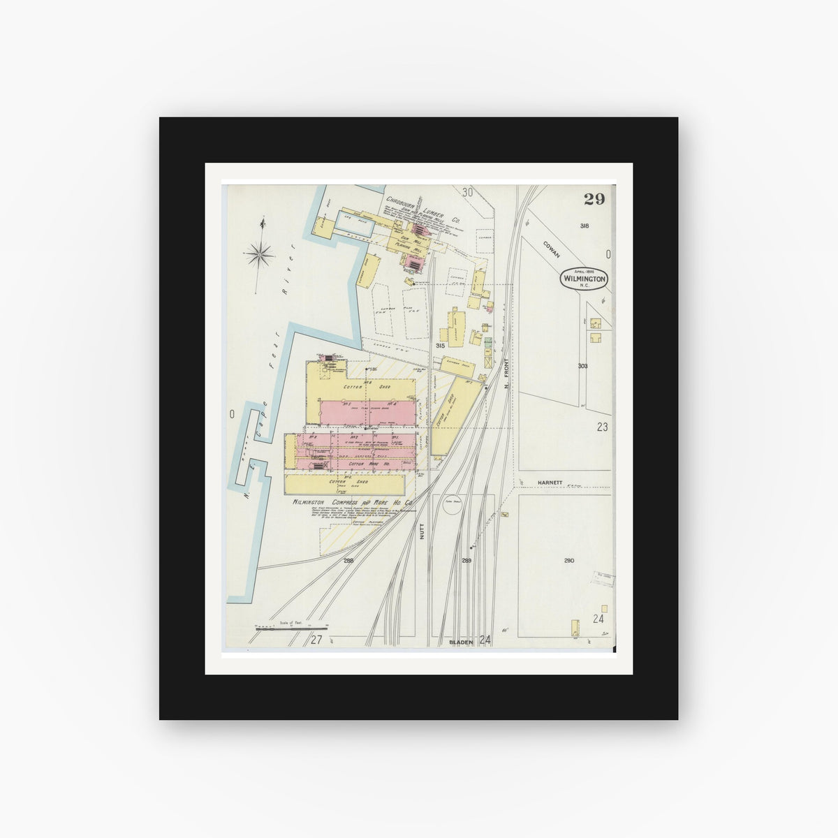 Old map wall art mockup — black gallery frame with white mat — Sanborn Fire Insurance Map from Wilmington, New Hanover County, North Carolina (1898), Sheet #0029