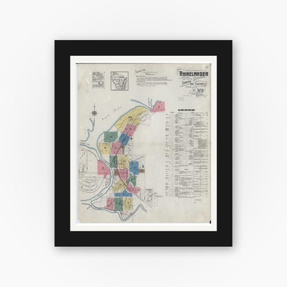 Old map wall art mockup — black gallery frame with white mat — Sanborn Fire Insurance Map from Rhinelander, Oneida County, Wisconsin (1920) - Complete Map Set