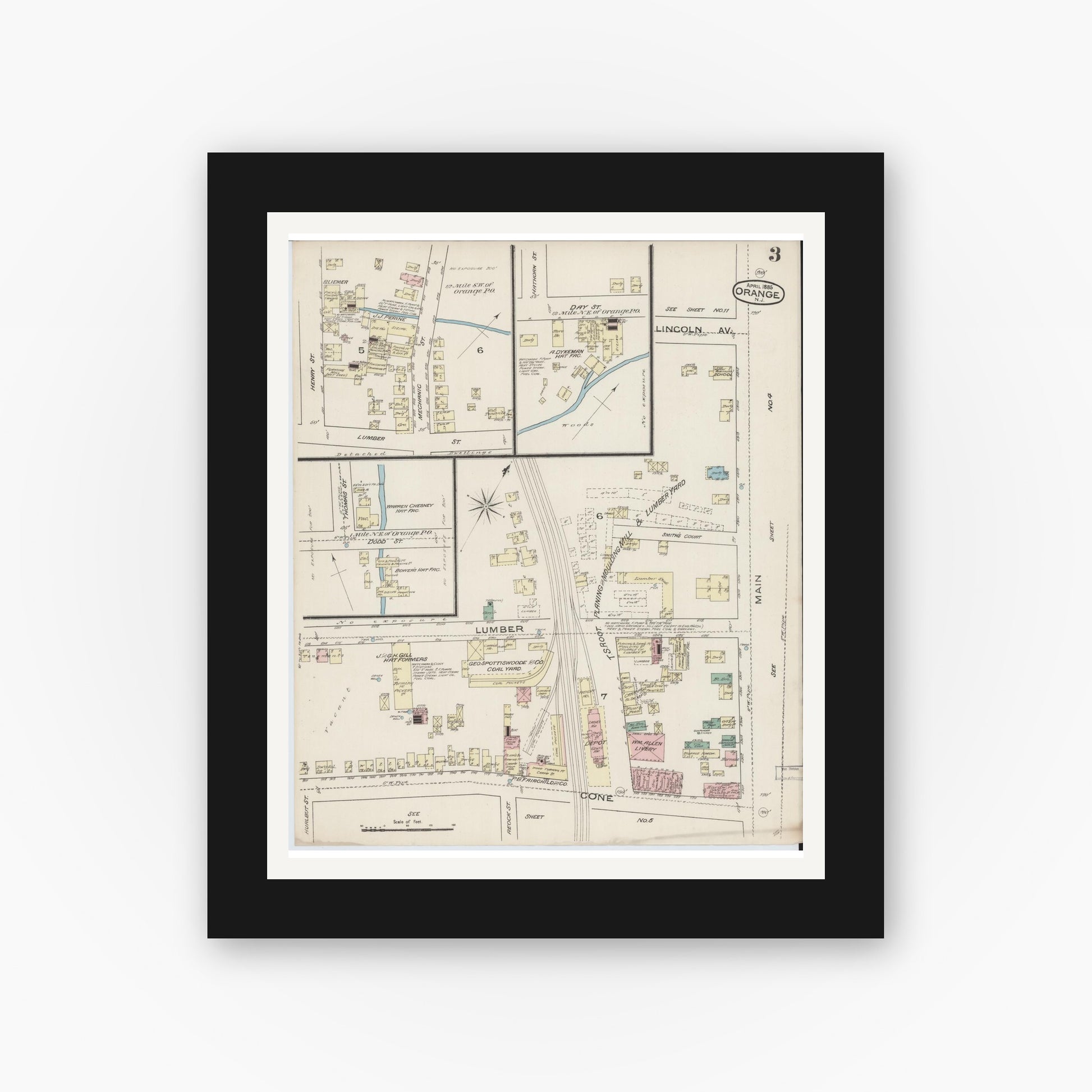 Old map wall art mockup — black gallery frame with white mat — Sanborn Fire Insurance Map from Orange, Essex County, New Jersey (1885), Sheet #0003