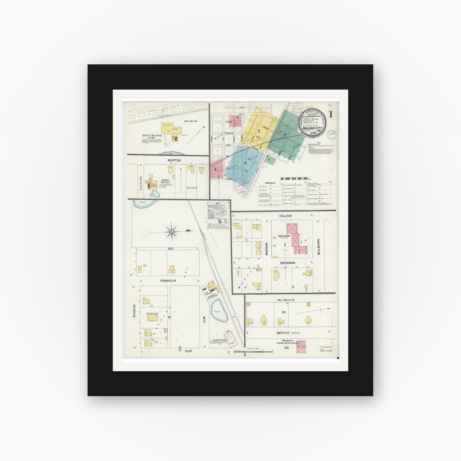 Old map wall art mockup — black gallery frame with white mat — Sanborn Fire Insurance Map from Oakland City, Gibson County, Indiana (1899) - Complete Map Set