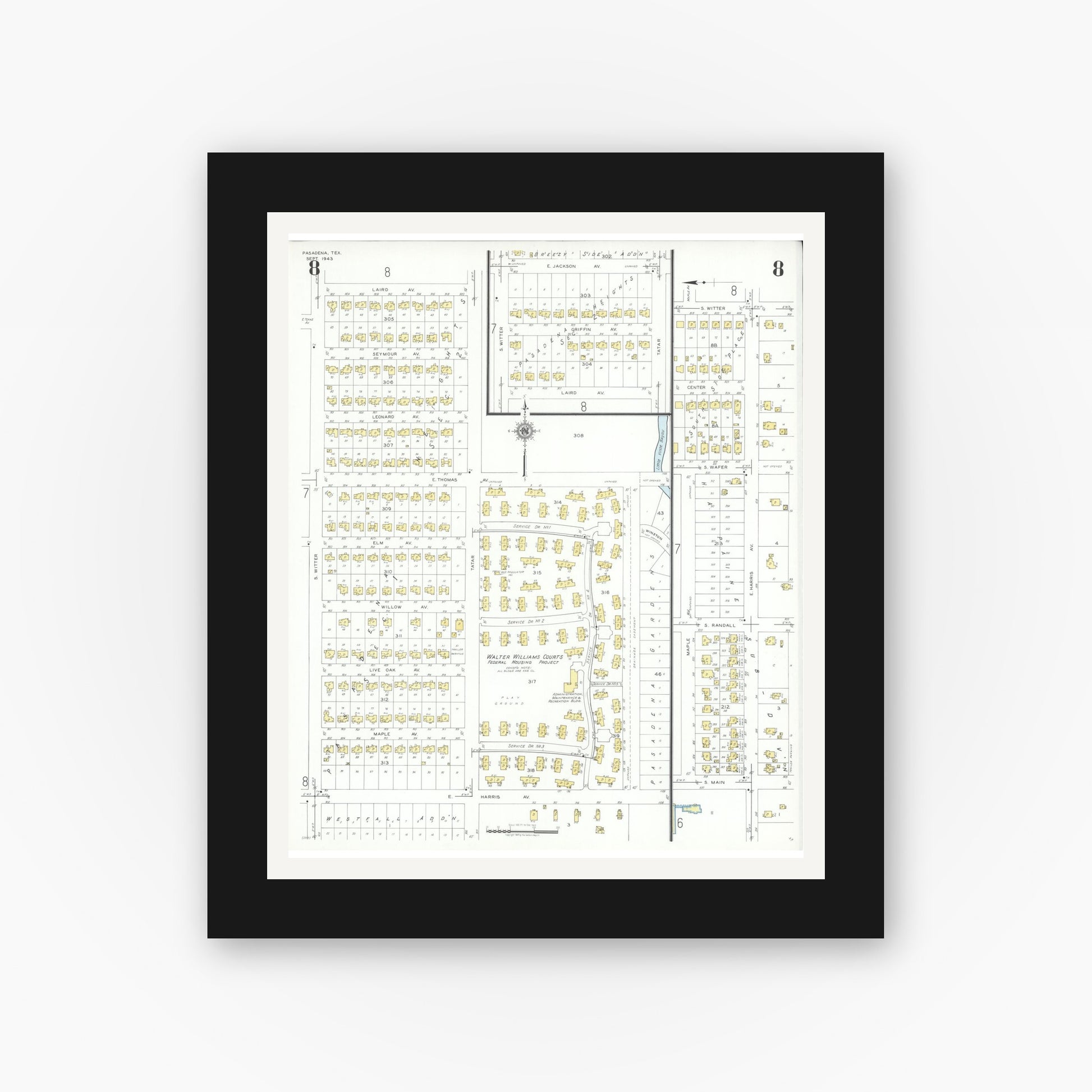 Old map wall art mockup — black gallery frame with white mat — Sanborn Fire Insurance Map from Pasadena, Harris County, Texas (1943), Sheet #0008
