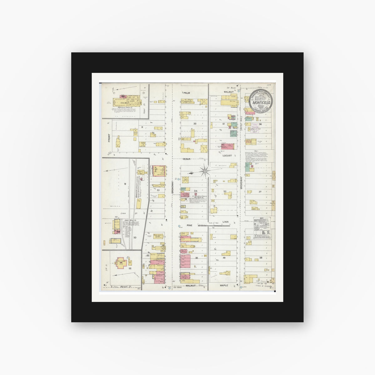 Old map wall art mockup — black gallery frame with white mat — Sanborn Fire Insurance Map from Monticello, Wright County, Minnesota (1903), Sheet #0001