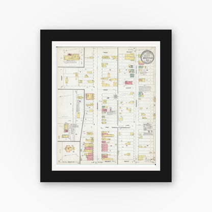 Old map wall art mockup — black gallery frame with white mat — Sanborn Fire Insurance Map from Monticello, Wright County, Minnesota (1903), Sheet #0001