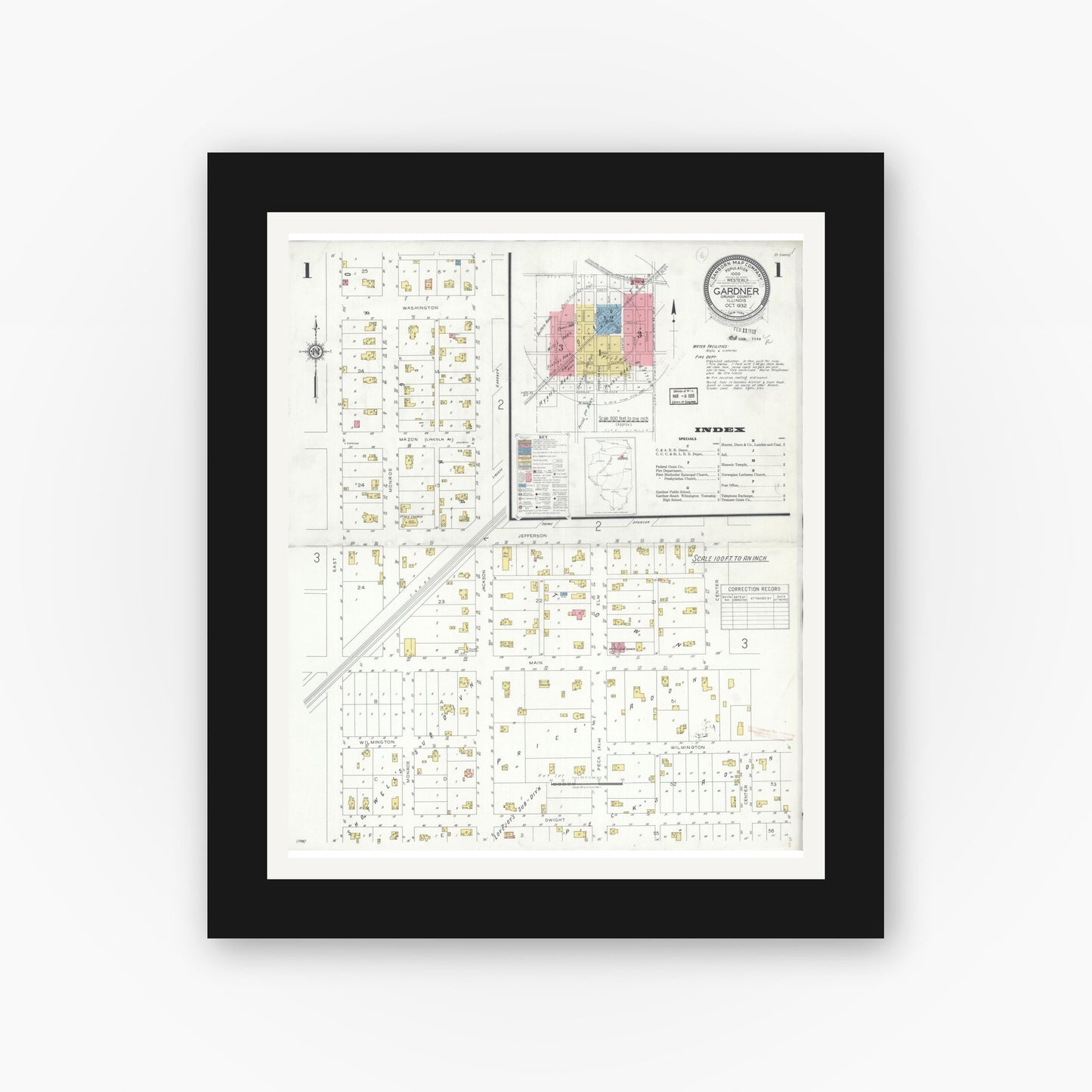 Old map wall art mockup — black gallery frame with white mat — Sanborn Fire Insurance Map from Gardner, Grundy County, Illinois (1932) - Complete Map Set