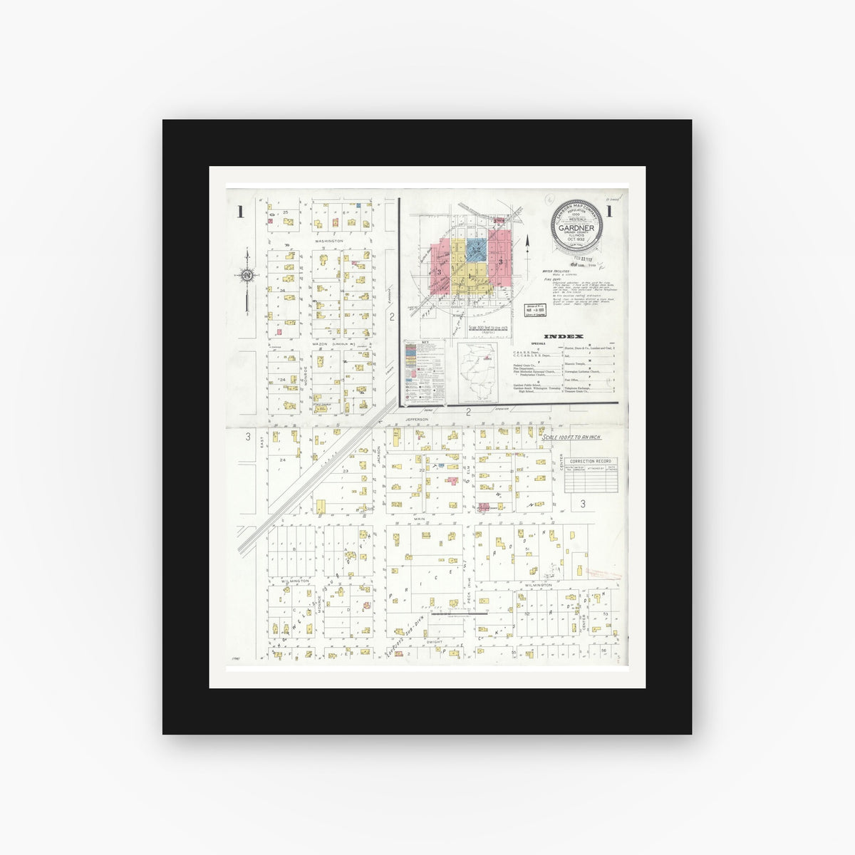 Old map wall art mockup — black gallery frame with white mat — Sanborn Fire Insurance Map from Gardner, Grundy County, Illinois (1932) - Complete Map Set