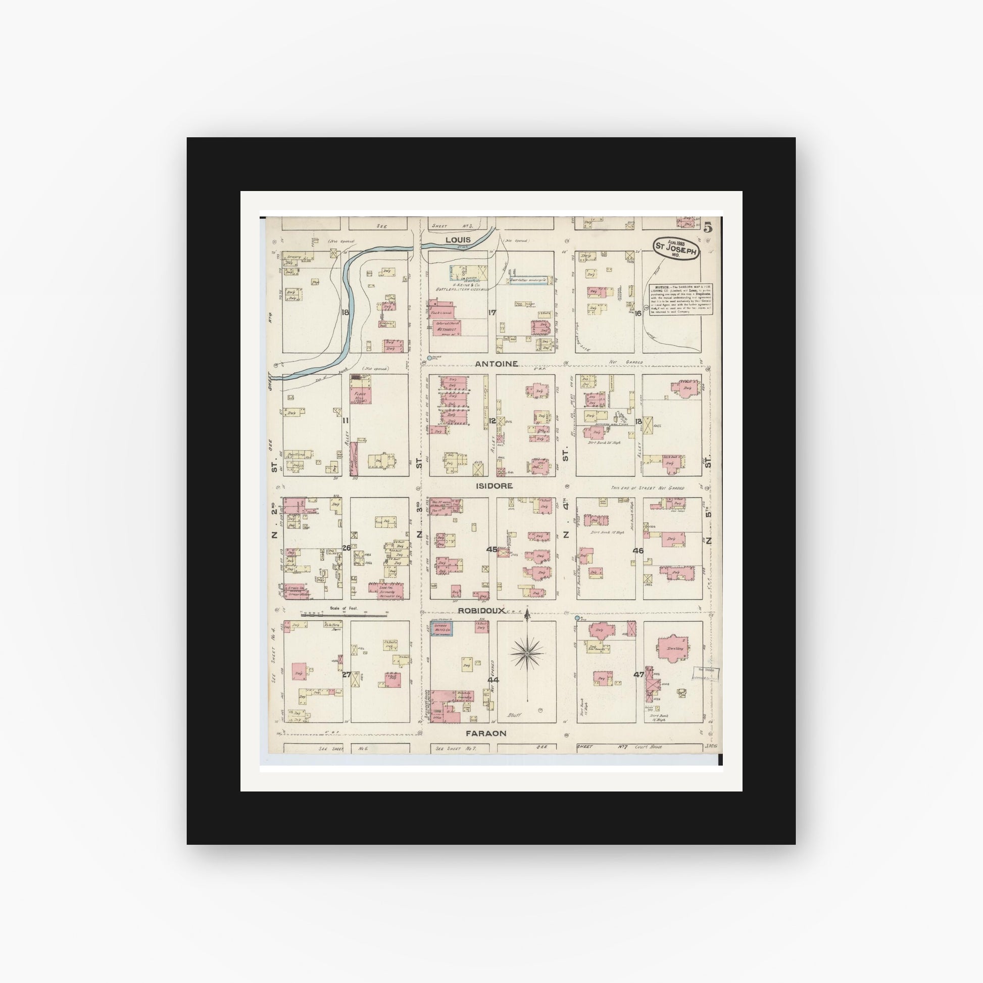 Old map wall art mockup — black gallery frame with white mat — Sanborn Fire Insurance Map from Saint Joseph, Buchanan County, Missouri (1883), Sheet #0005
