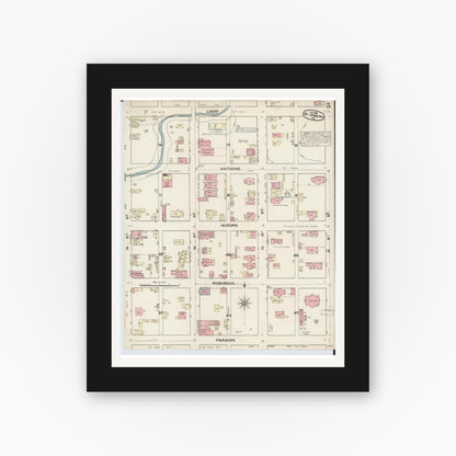 Old map wall art mockup — black gallery frame with white mat — Sanborn Fire Insurance Map from Saint Joseph, Buchanan County, Missouri (1883), Sheet #0005