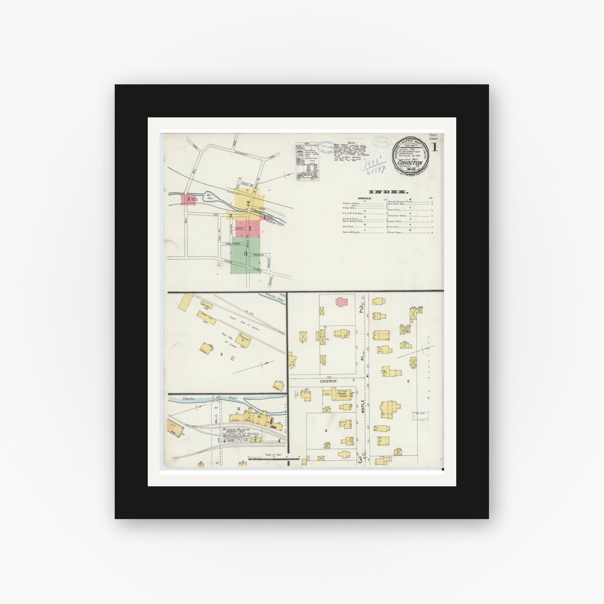 Old map wall art mockup — black gallery frame with white mat — Sanborn Fire Insurance Map from Cohocton, Steuben County, New York (1898), Sheet #0001