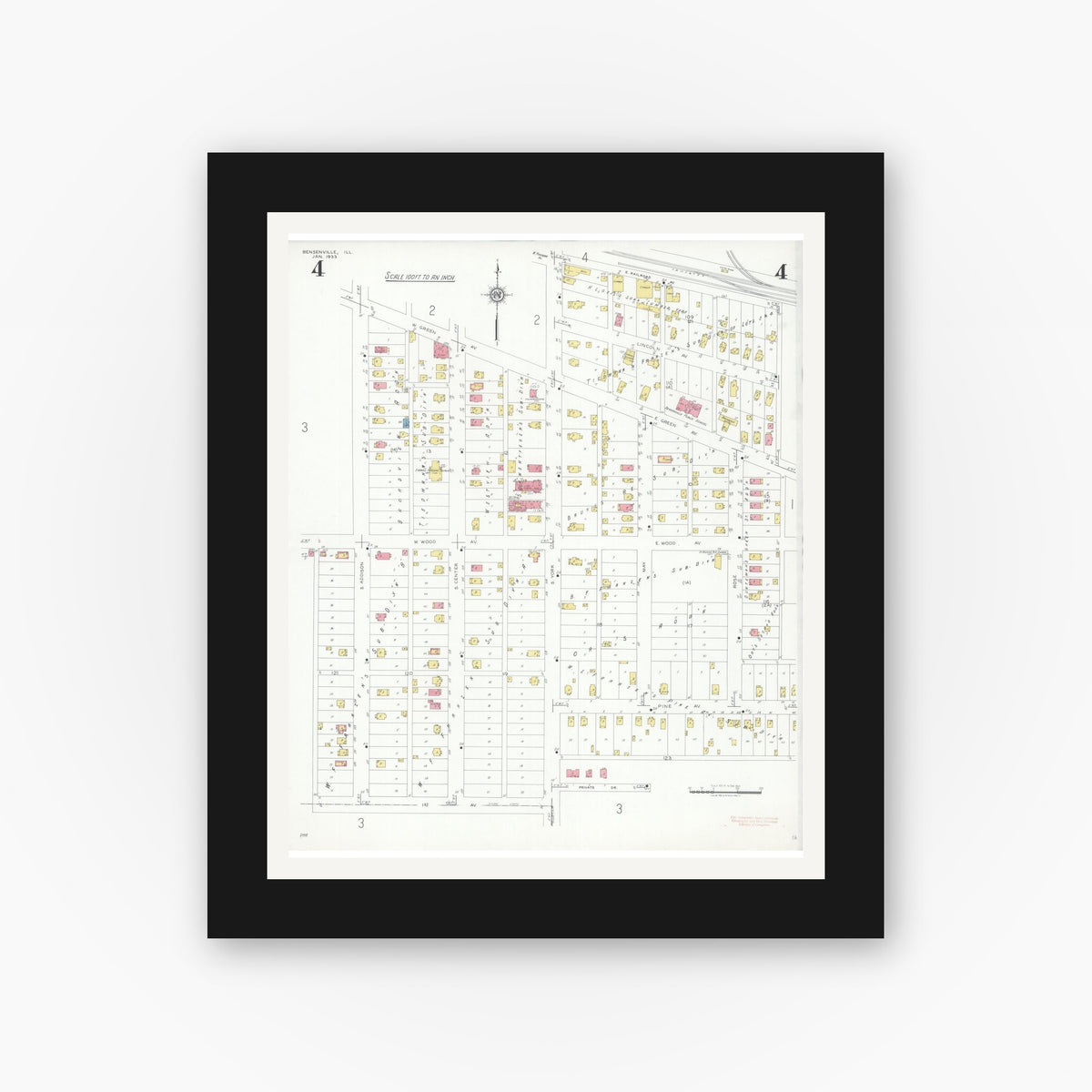 Old map wall art mockup — black gallery frame with white mat — Sanborn Fire Insurance Map from Bensenville, Dupage County, Illinois (1933), Sheet #0004
