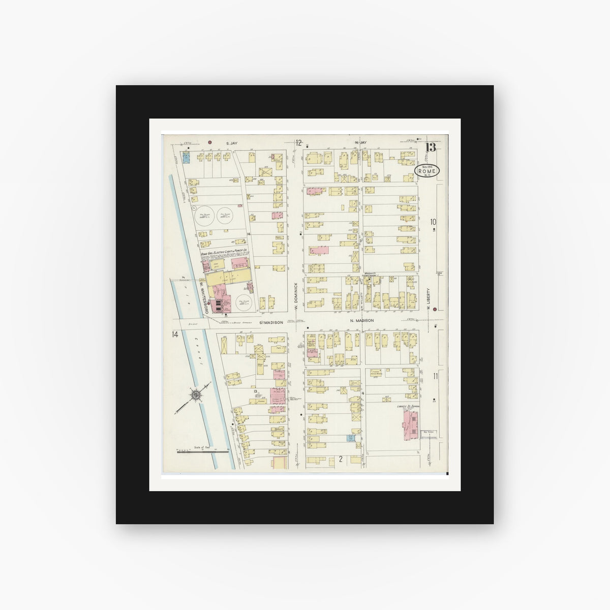 Old map wall art mockup — black gallery frame with white mat — Sanborn Fire Insurance Map from Rome, Oneida County, New York (1914), Sheet #0013