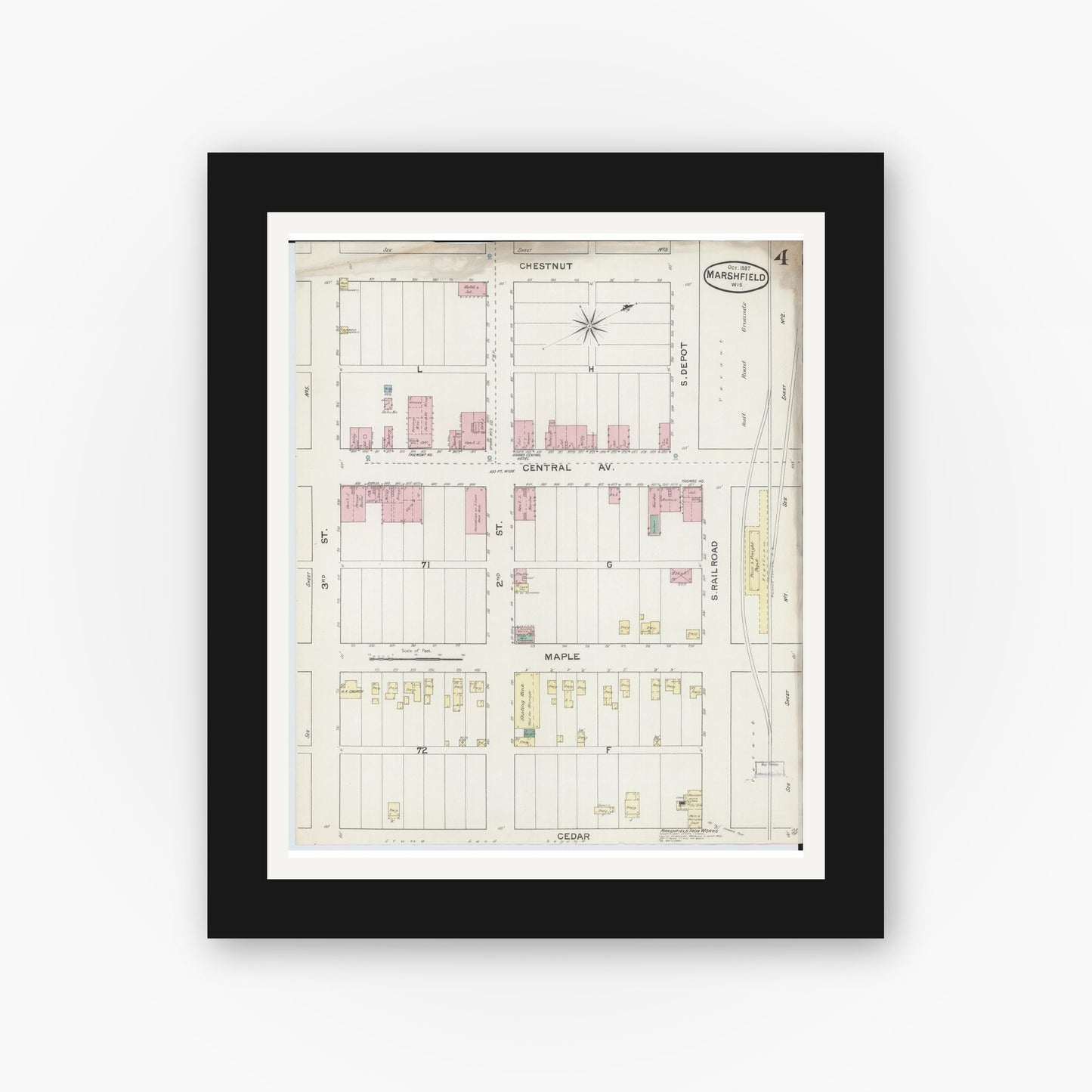 Old map wall art mockup — black gallery frame with white mat — Sanborn Fire Insurance Map from Marshfield, Wood County, Wisconsin (1887), Sheet #0004