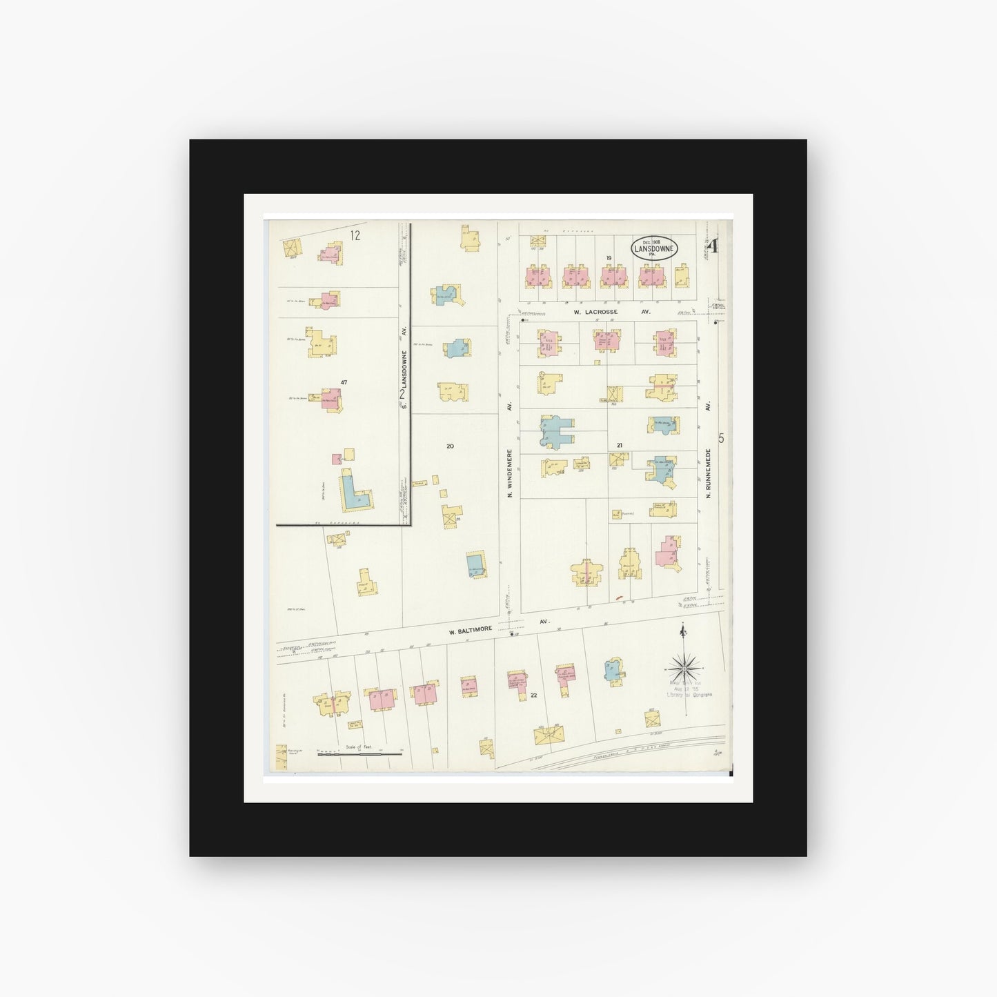 Old map wall art mockup — black gallery frame with white mat — Sanborn Fire Insurance Map from Lansdowne, Delaware County, Pennsylvania (1908), Sheet #0004